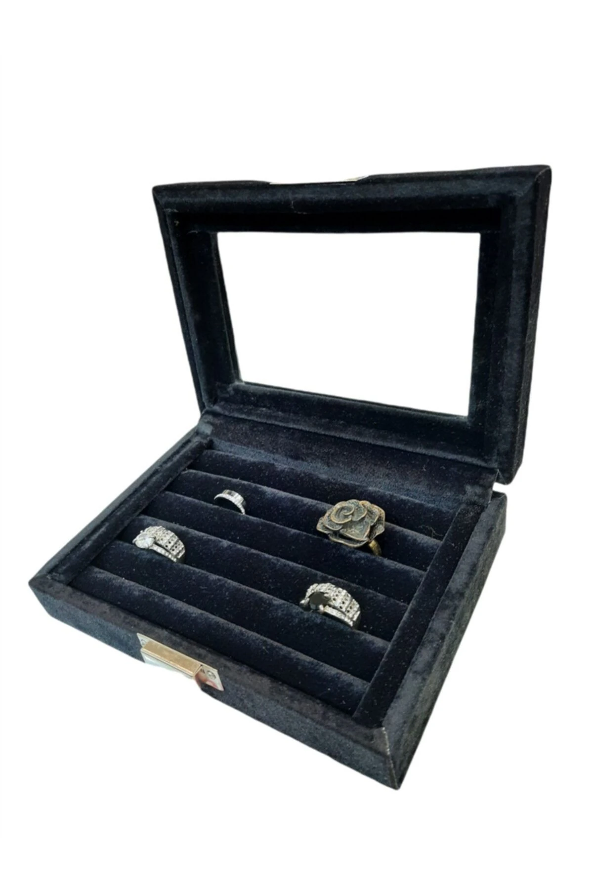 Yüzük Kutusu Sosis Model Camlı Alcantara Siyah 10*15