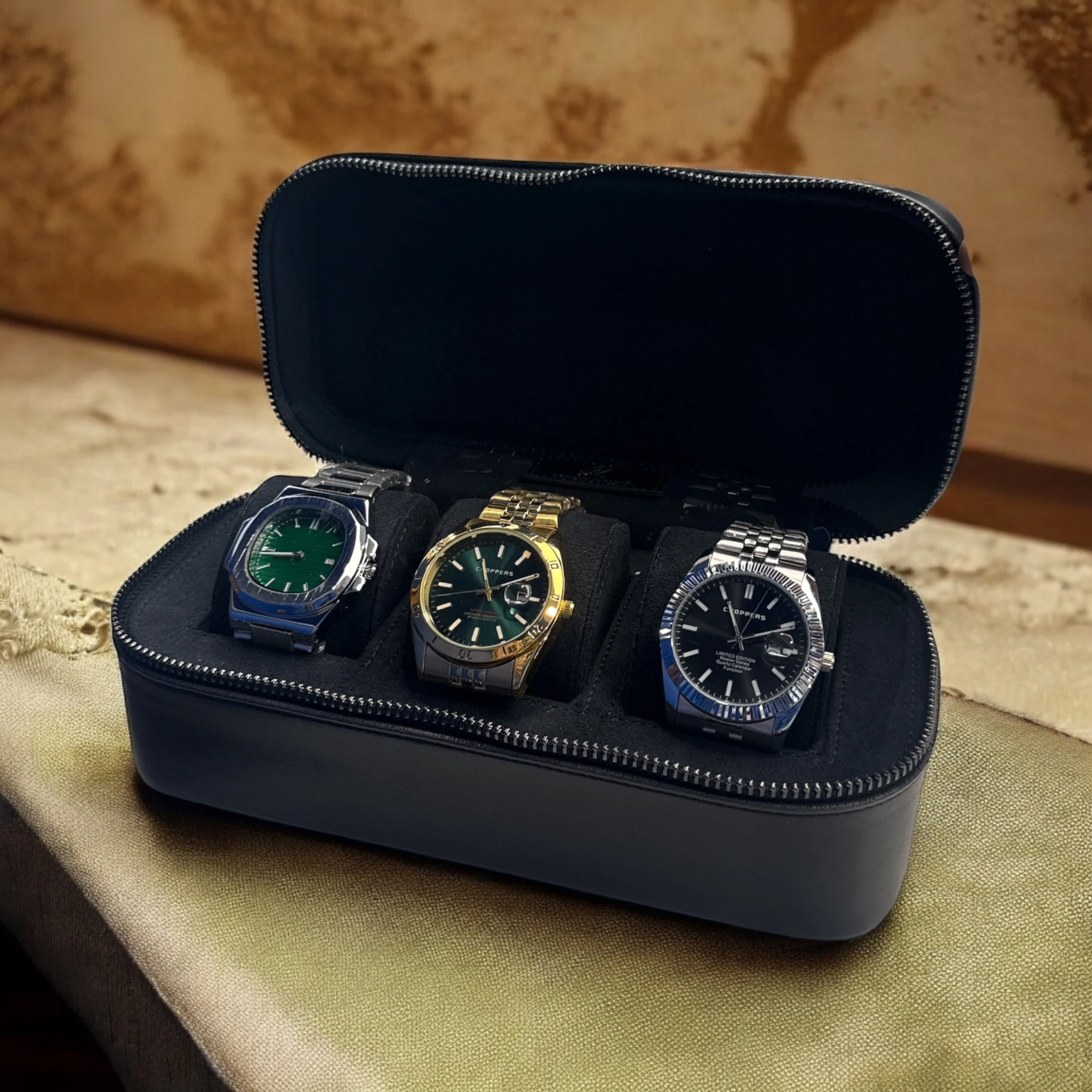 Saat Çantası 3’lü Fermuarlı Saat ve Takı Kutusu – Pull Up, Metal Fermuarlı, El Yapımı Seyahat Kutusu Siyah