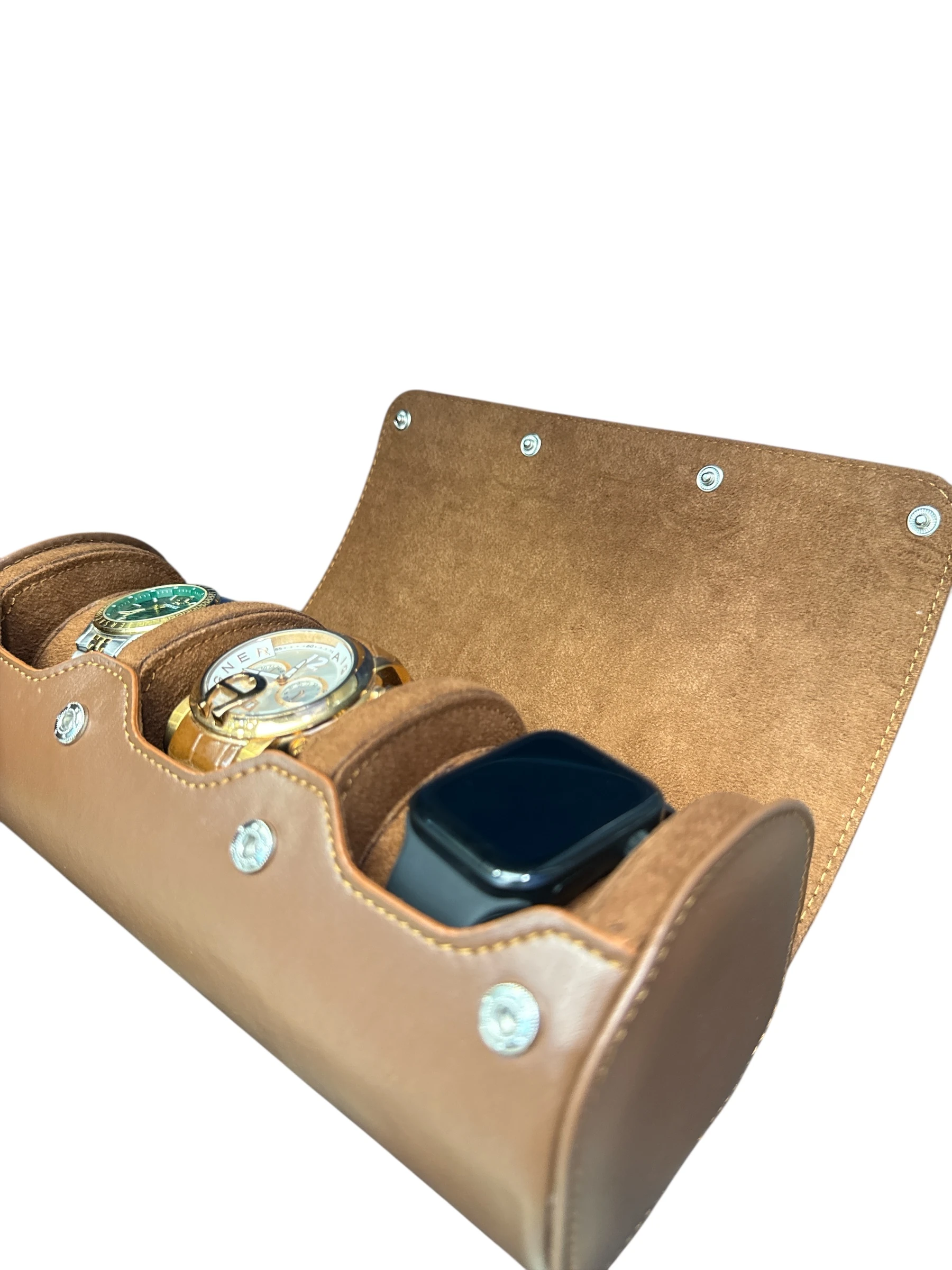 3’lü Çıtçıtlı Saat ve Takı Kutusu – Pull Up Suni Deri, El Yapımı Özel Yastıklı Tasarım Taba