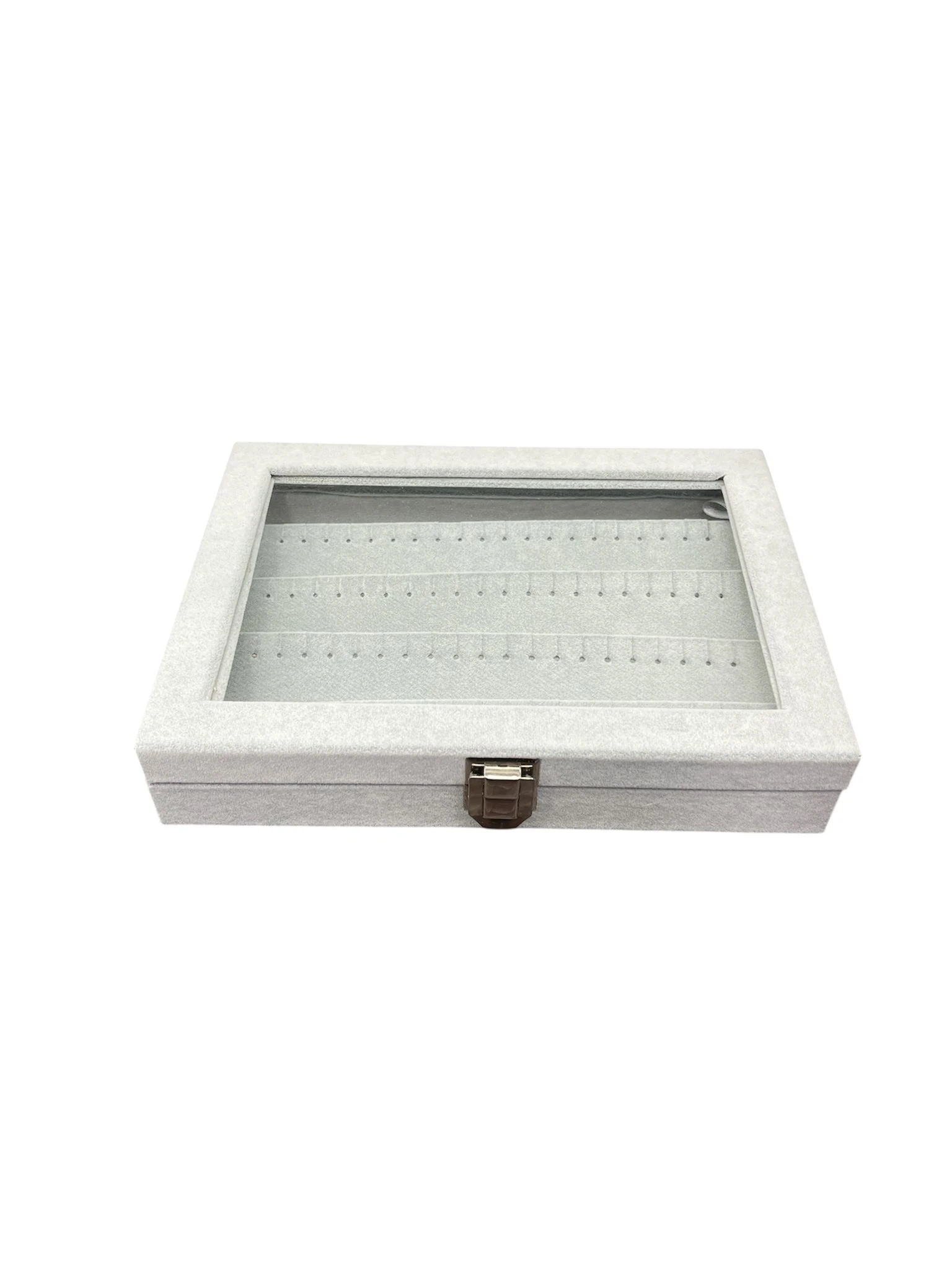 Cam Kapaklı Çok Bölmeli Küpe Organizer Kutusu- Alcantara Gri