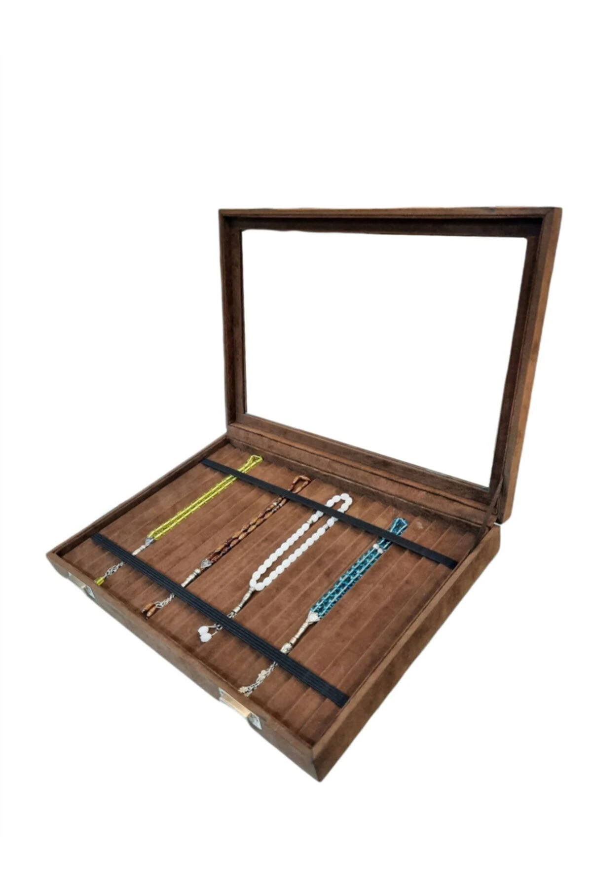 Tesbih Kutusu Lastikli Camlı Kahve Alcantara