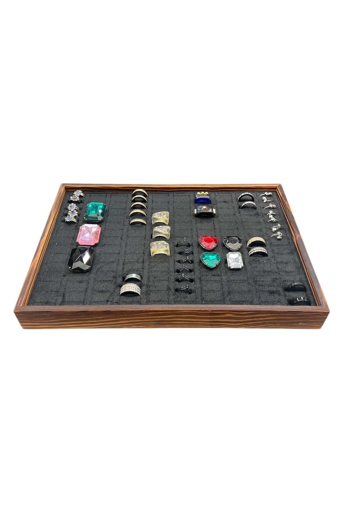 El Yapımı Ahşap Çerçeveli Alcantara Kaplama Yüzük Takı Teşhir Tablasi (34,5x24,5x3,5cm) Yakma Siyah