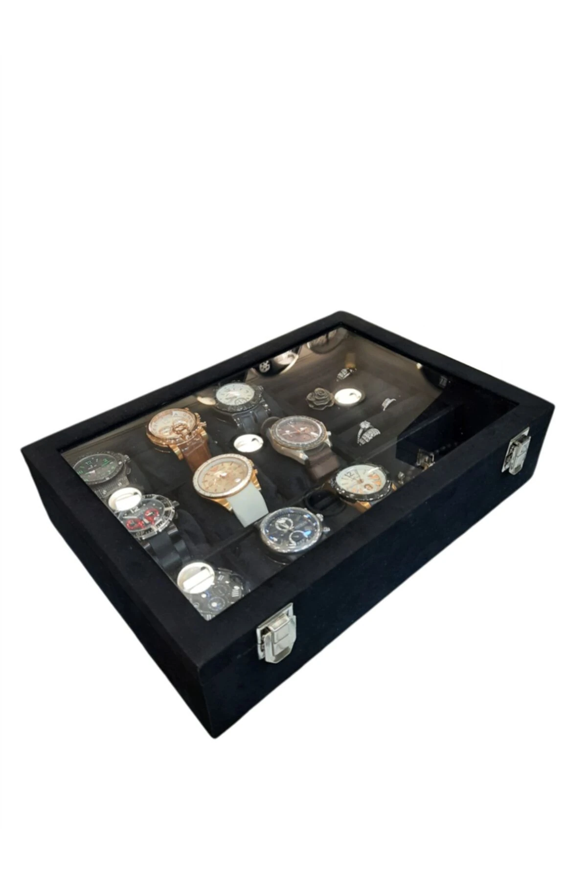 Saat Kutusu 9'lu Takı Bölmeli Alcantara Siyah