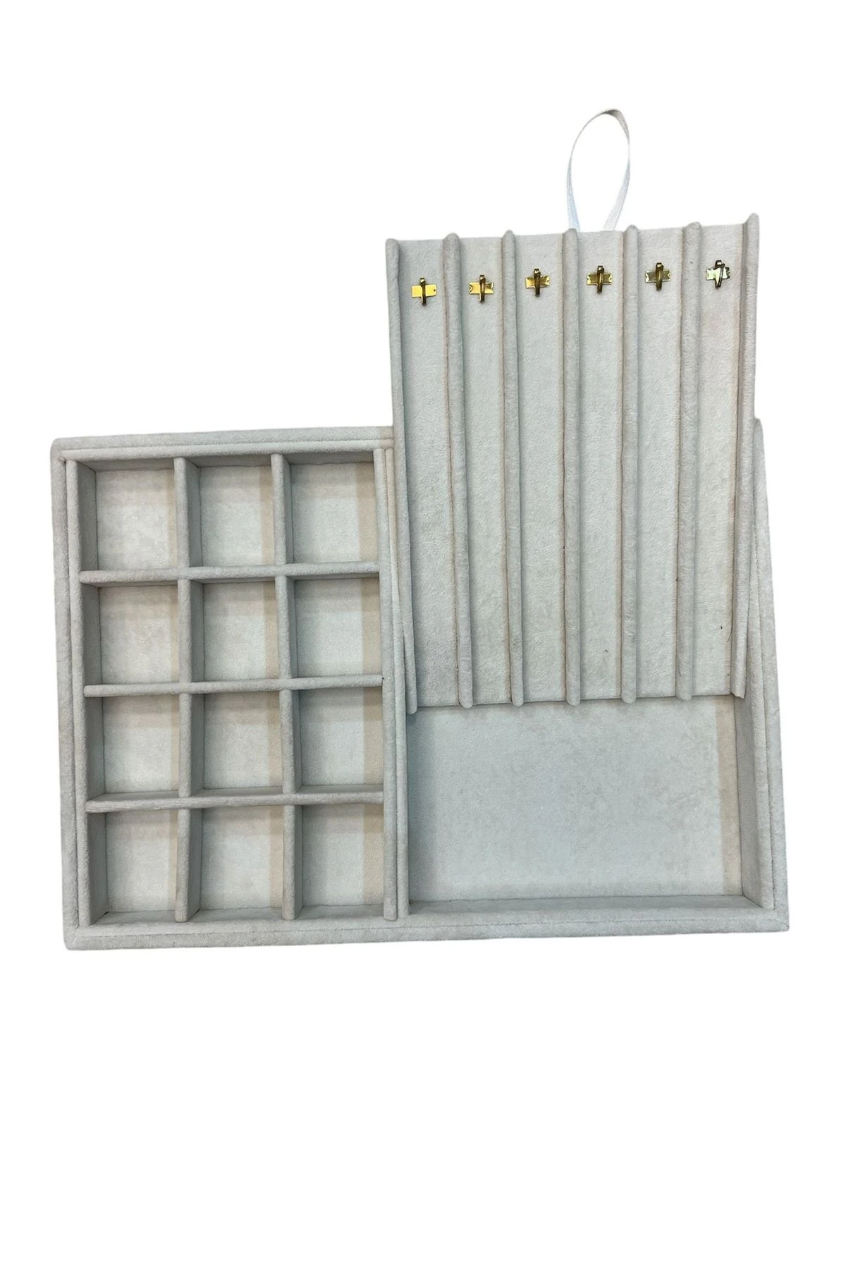 Takı Tablası Kombin Model, Çok amaçlı Takı Düzenleyici. Ahşap Üzeri Süet Kaplama Krem Rengi No:1