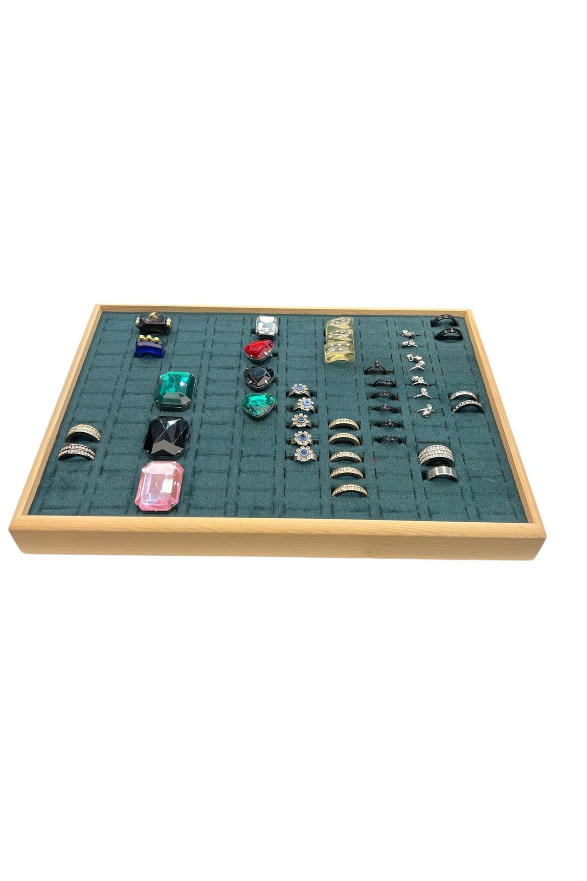 El Yapımı Ahşap Çerçeveli Alcantara Kaplama Yüzük Takı Teşhir Tablasi (34,5x24,5x3,5cm) Ahşap Yeşil