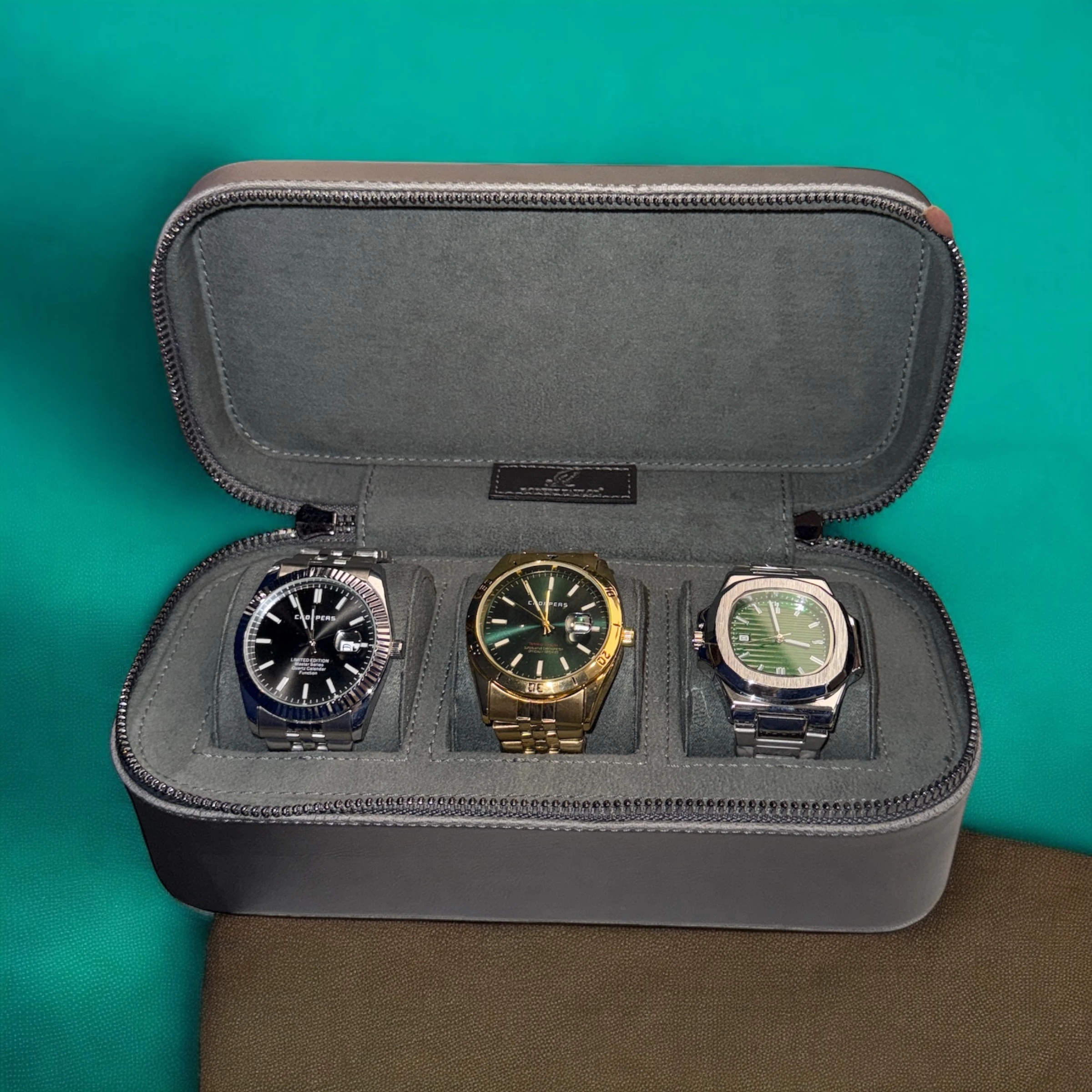 Saat Çantası 3’lü Fermuarlı Saat ve Takı Kutusu – Pull Up, Metal Fermuarlı, El Yapımı Seyahat Kutusu Gri