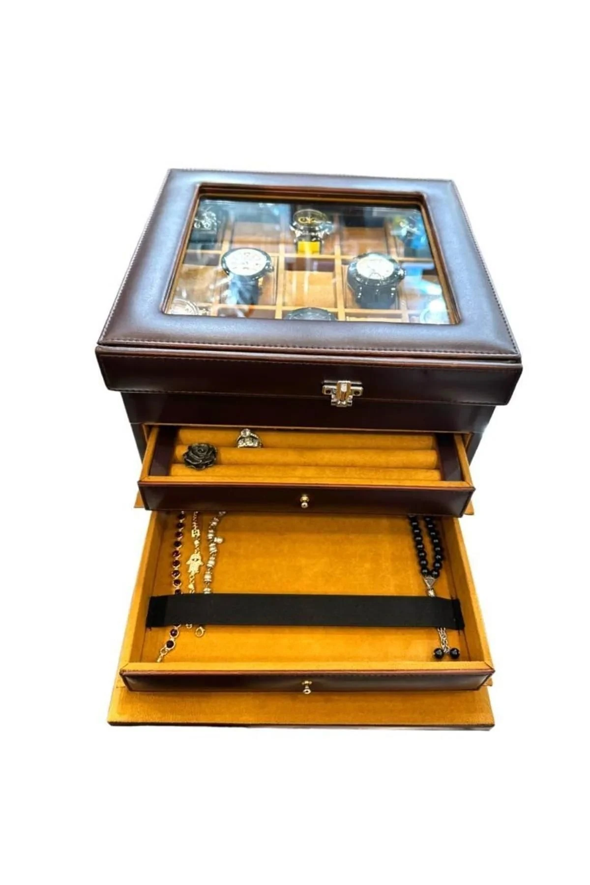 Diplomat Model Çekmeceli Camlı 15'li Saat Ve Yüzük Tesbih Kutusu Kahve