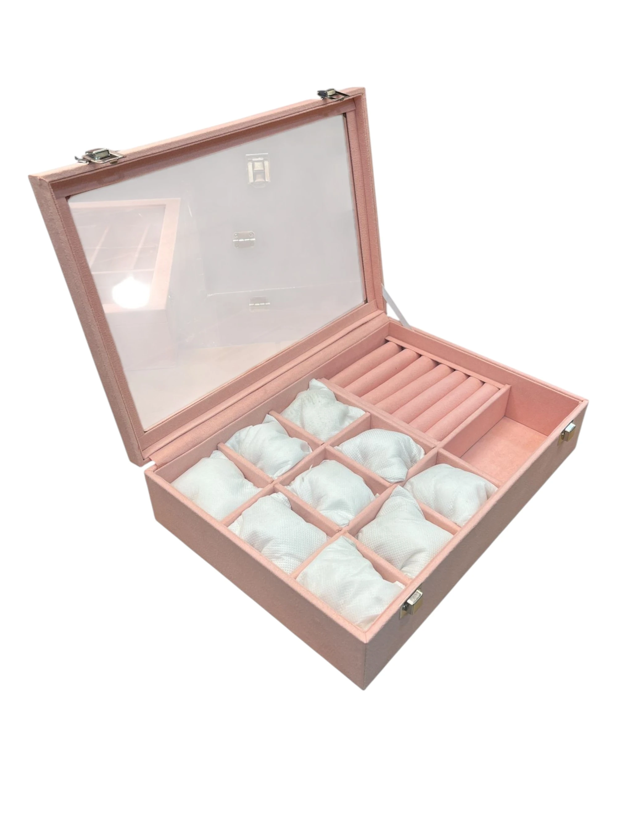 Cam Kapaklı 9+ Takı Bölmeli Gözlük Kutusu – El Yapımı, Suni Deri, Alcantara Pembe