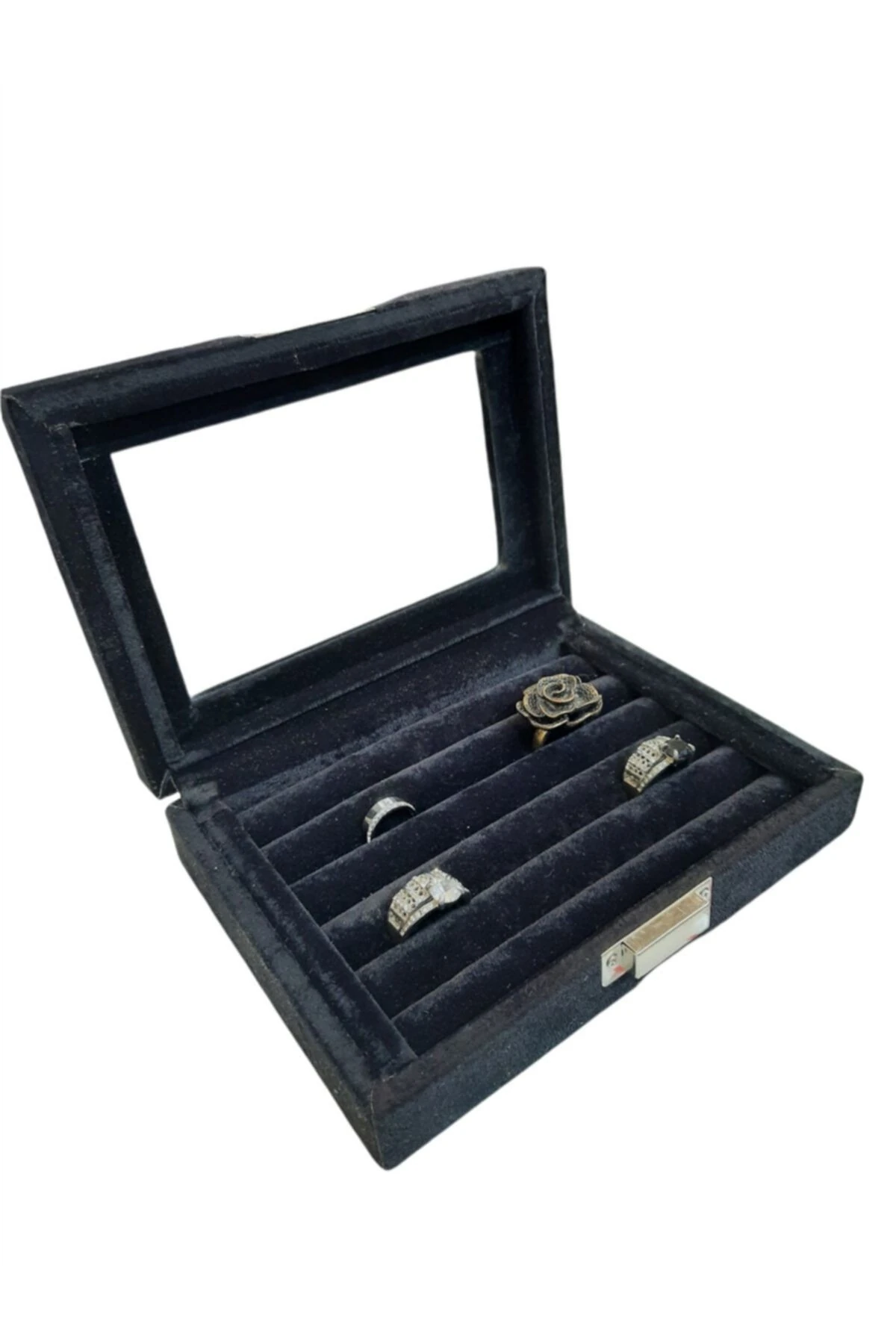 Yüzük Kutusu Sosis Model Camlı Alcantara Siyah 10*15