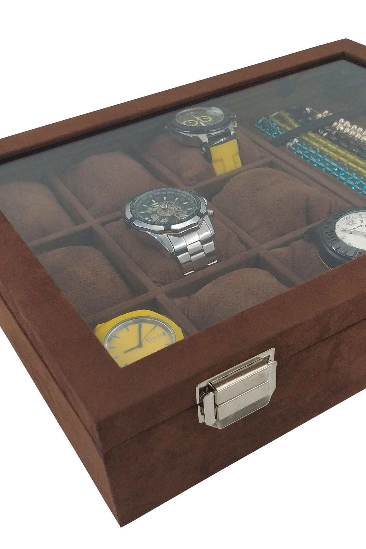 Saat Ve Tesbih Kutusu 9+ Tesbih Bölmeli Alcantara Kahve