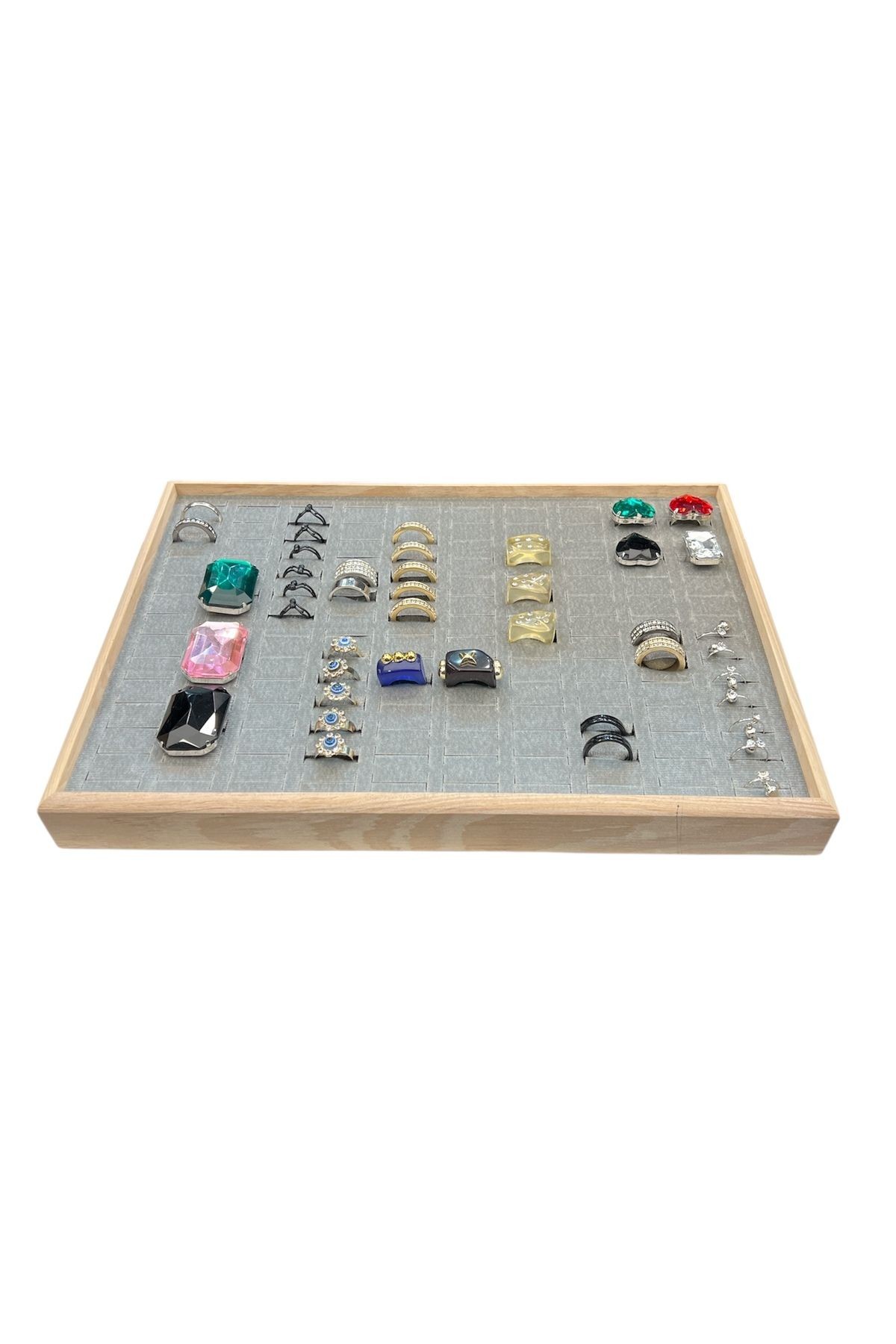El Yapımı Ahşap Çerçeveli Alcantara Kaplama Yüzük Takı Teşhir Tablasi (34,5x24,5x3,5cm) Ahşap Gri