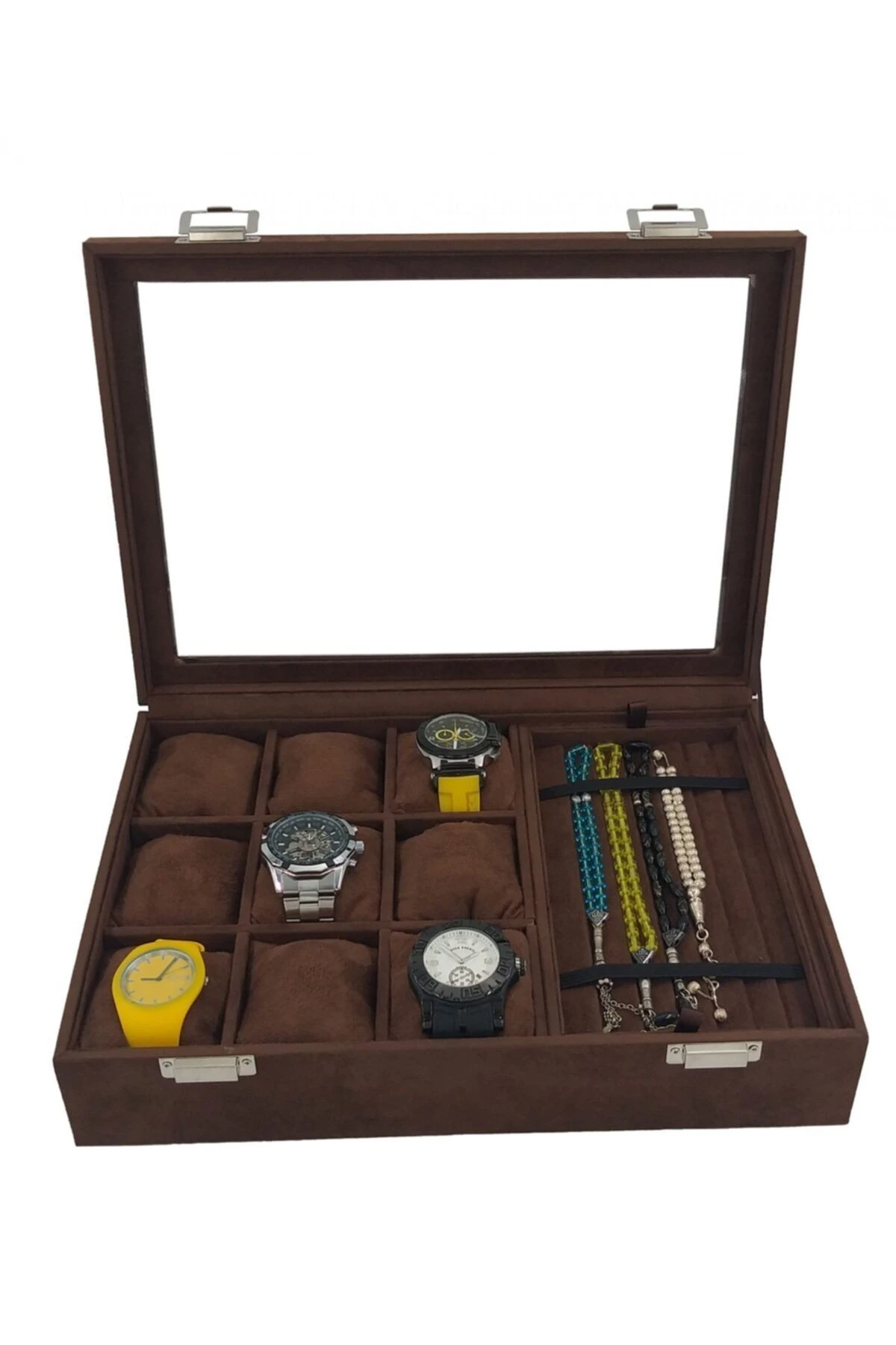 Saat Ve Tesbih Kutusu 9 Tesbih Bölmeli Alcantara Kahve