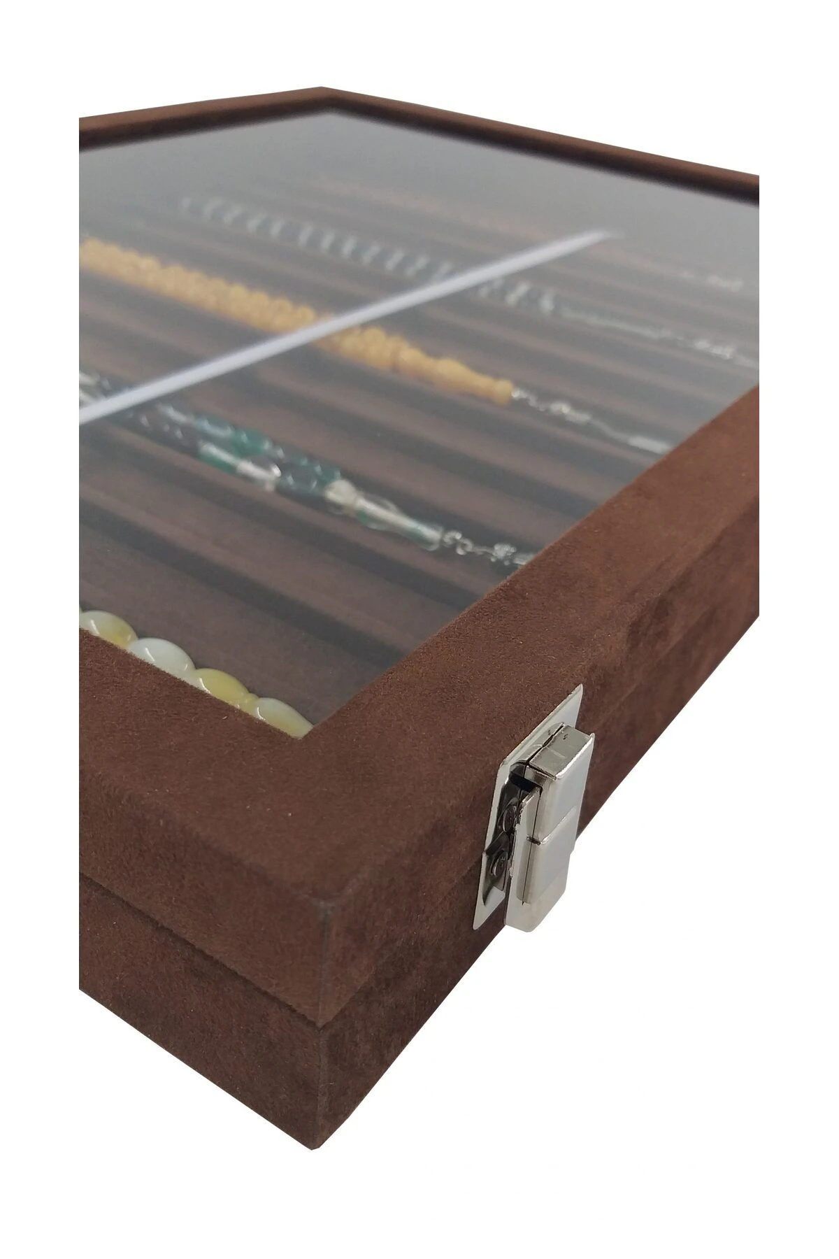 Tesbih Kutusu Askılı Camlı Alcantara Kahve