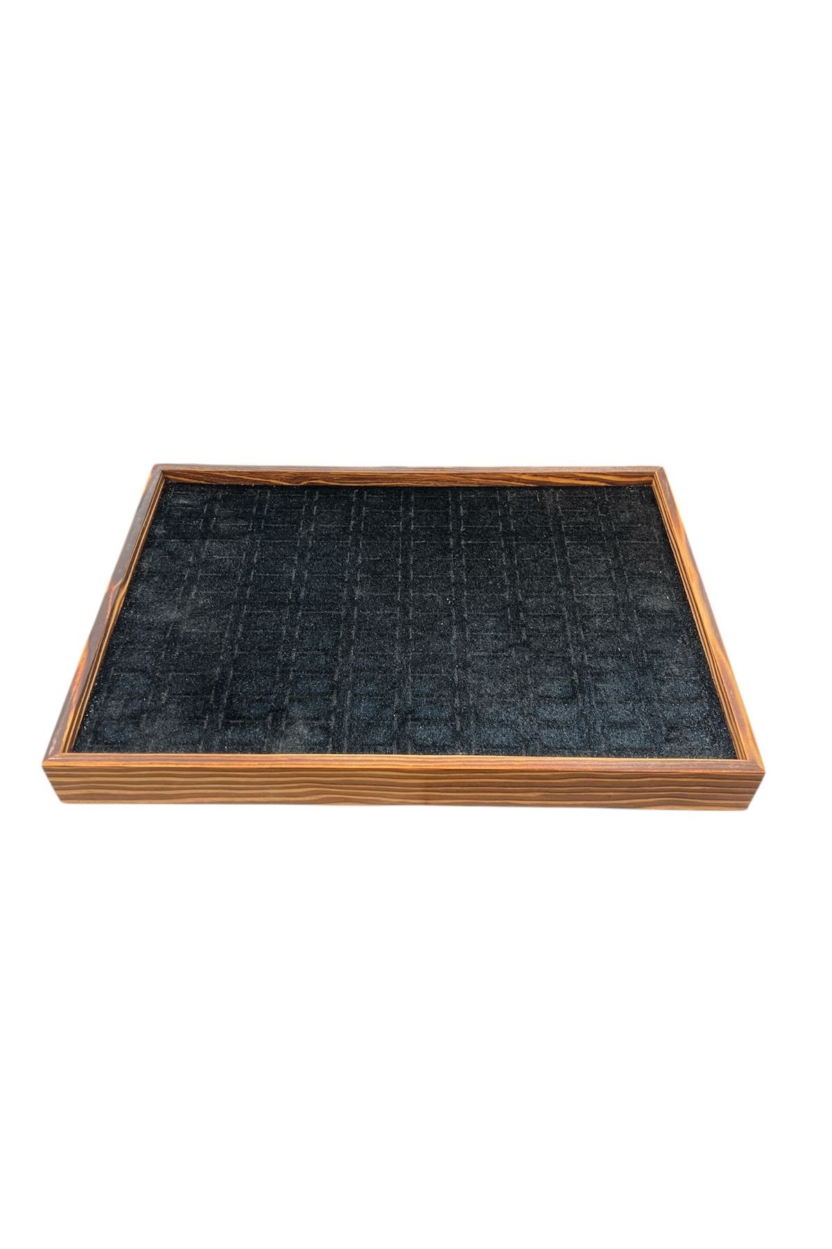 El Yapımı Ahşap Çerçeveli Alcantara Kaplama Yüzük Takı Teşhir Tablasi (34,5x24,5x3,5cm) Yakma Siyah