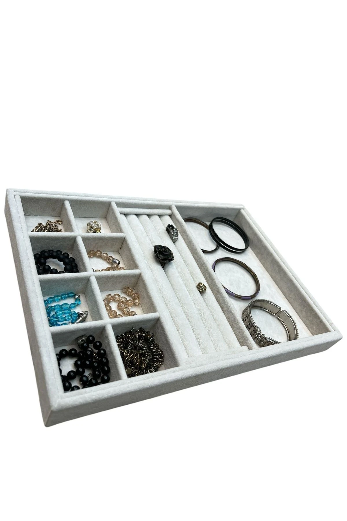 Takı Tablası Kombin Model, Çok amaçlı Takı Düzenleyici. Ahşap Üzeri Süet Kaplama Krem Rengi No:3