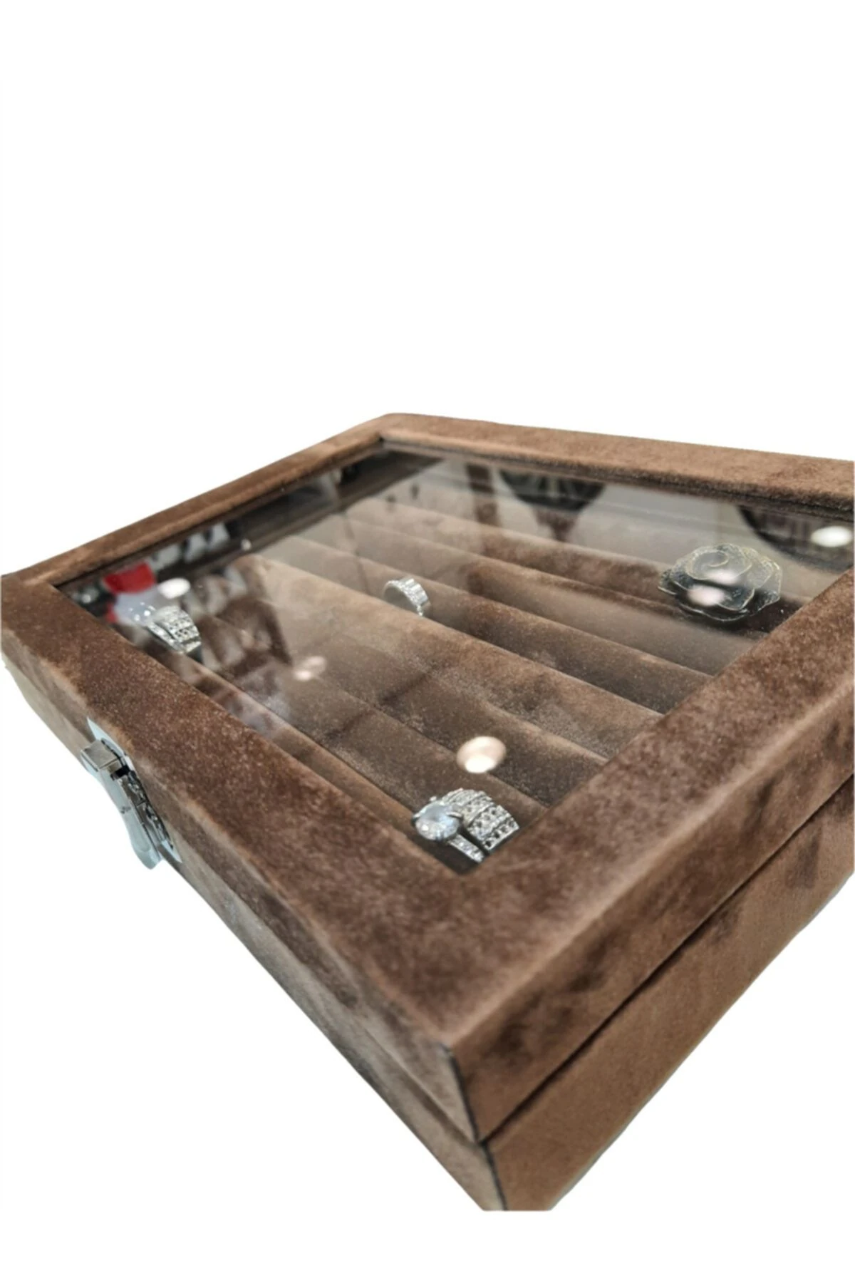 Yüzük Kutusu Sosis Model Camlı Alcantara Kahve 17*24