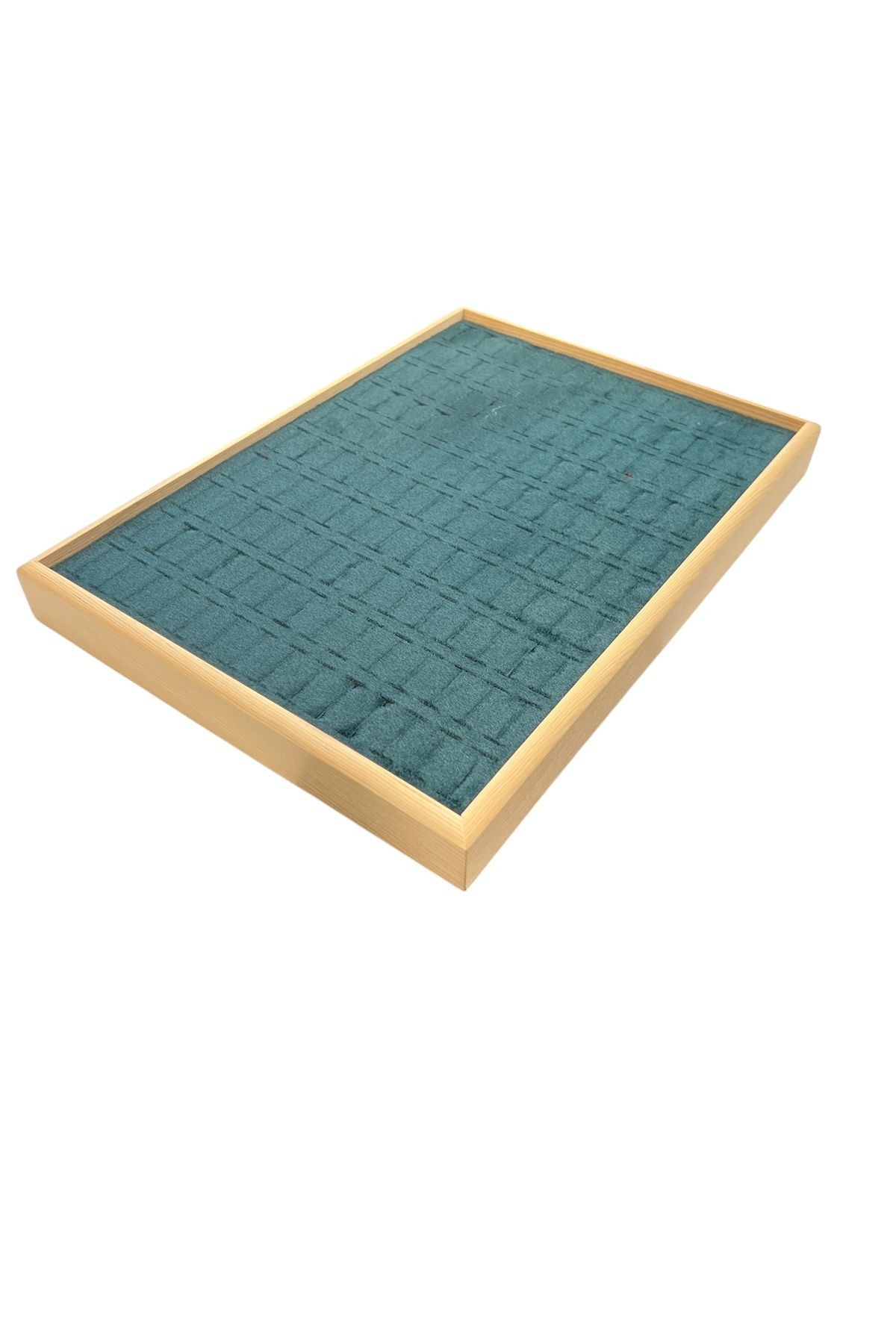 El Yapımı Ahşap Çerçeveli Alcantara Kaplama Yüzük Takı Teşhir Tablasi (34,5x24,5x3,5cm) Ahşap Yeşil