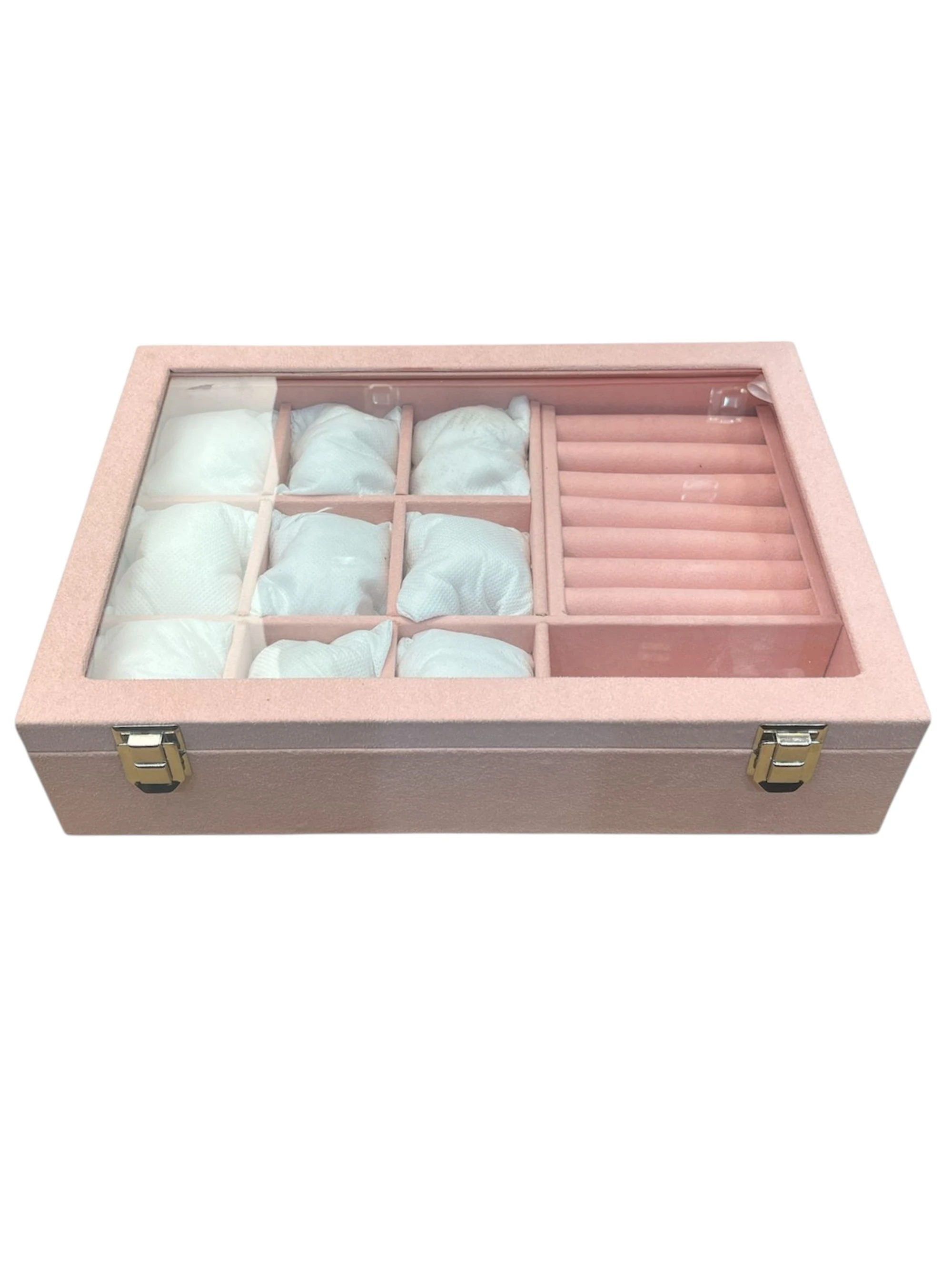 Cam Kapaklı 9+ Takı Bölmeli Gözlük Kutusu – El Yapımı, Suni Deri, Alcantara Pembe