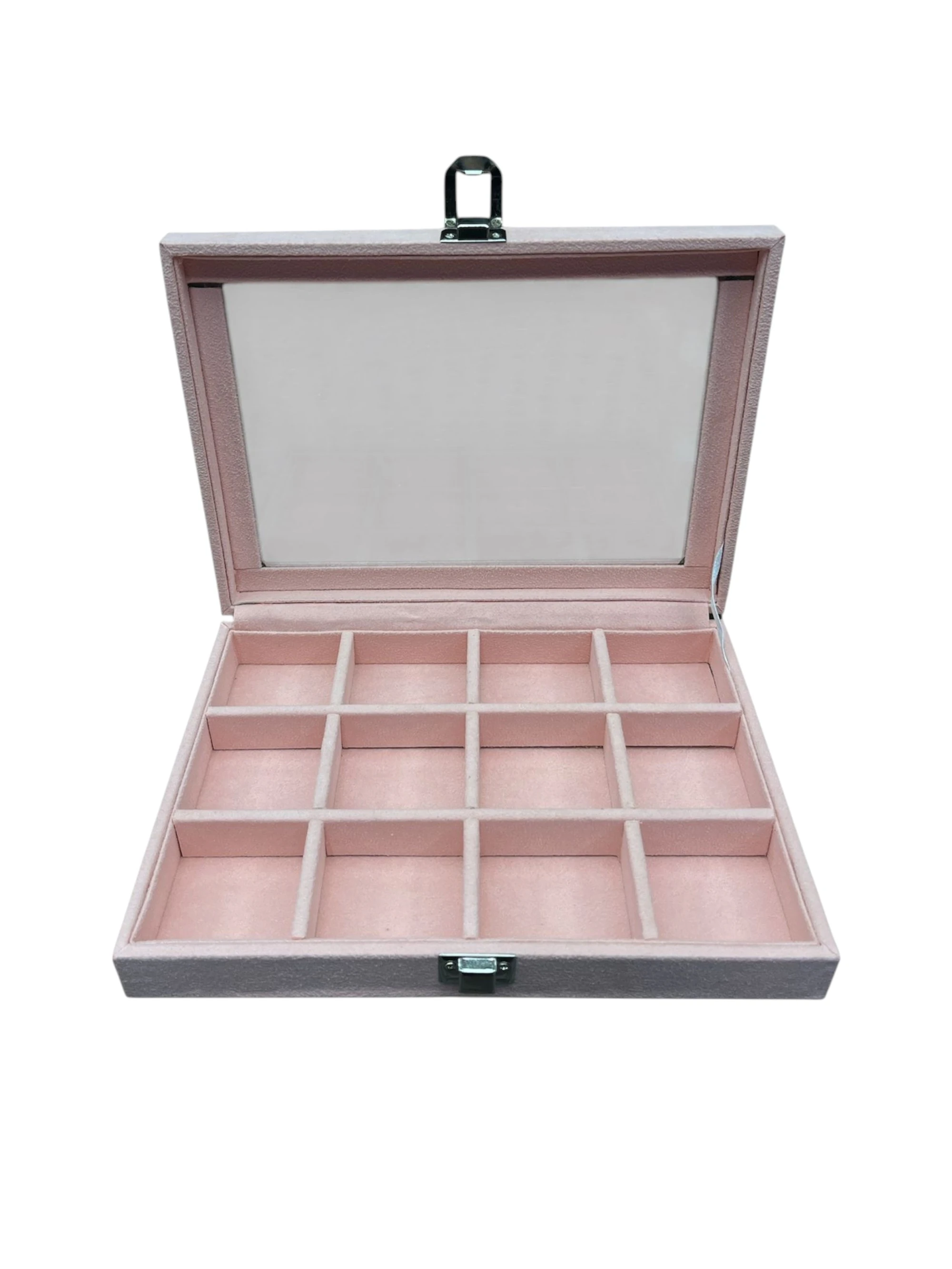 Cam Kapaklı Çok Bölmeli Takı Kutusu -Toz Pembe