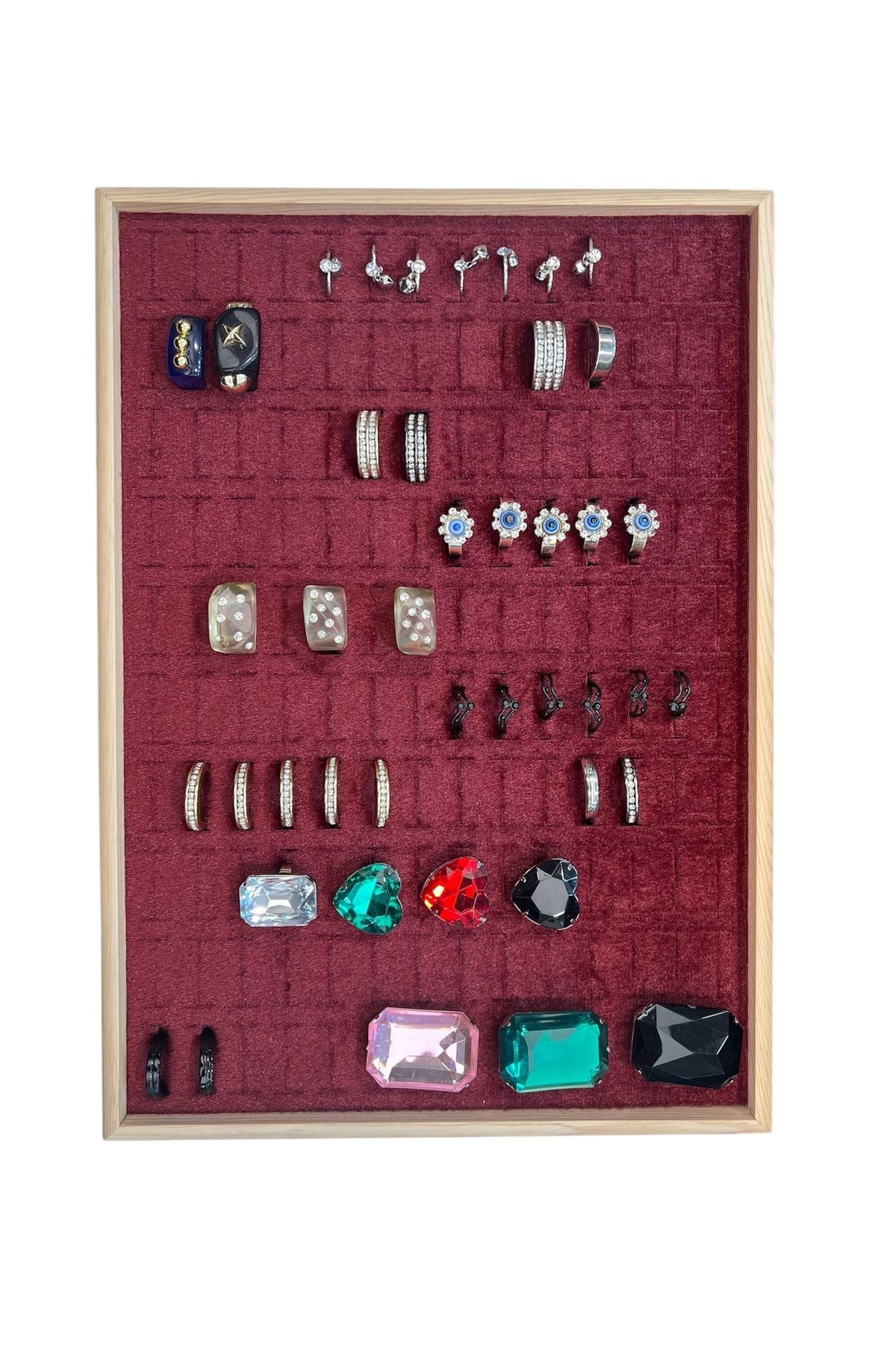 El Yapımı Ahşap Çerçeveli Alcantara Kaplama Yüzük Takı Teşhir Tablasi (34,5x24,5x3,5cm) AhşapKırmızı