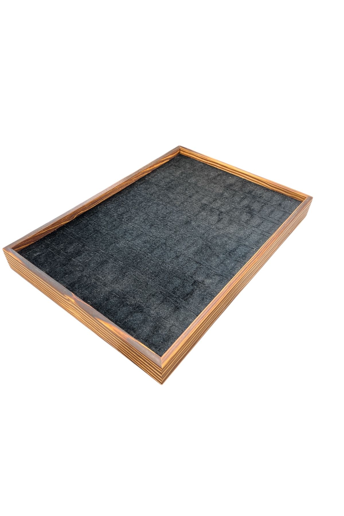 El Yapımı Ahşap Çerçeveli Alcantara Kaplama Yüzük Takı Teşhir Tablasi (34,5x24,5x3,5cm) Yakma Siyah