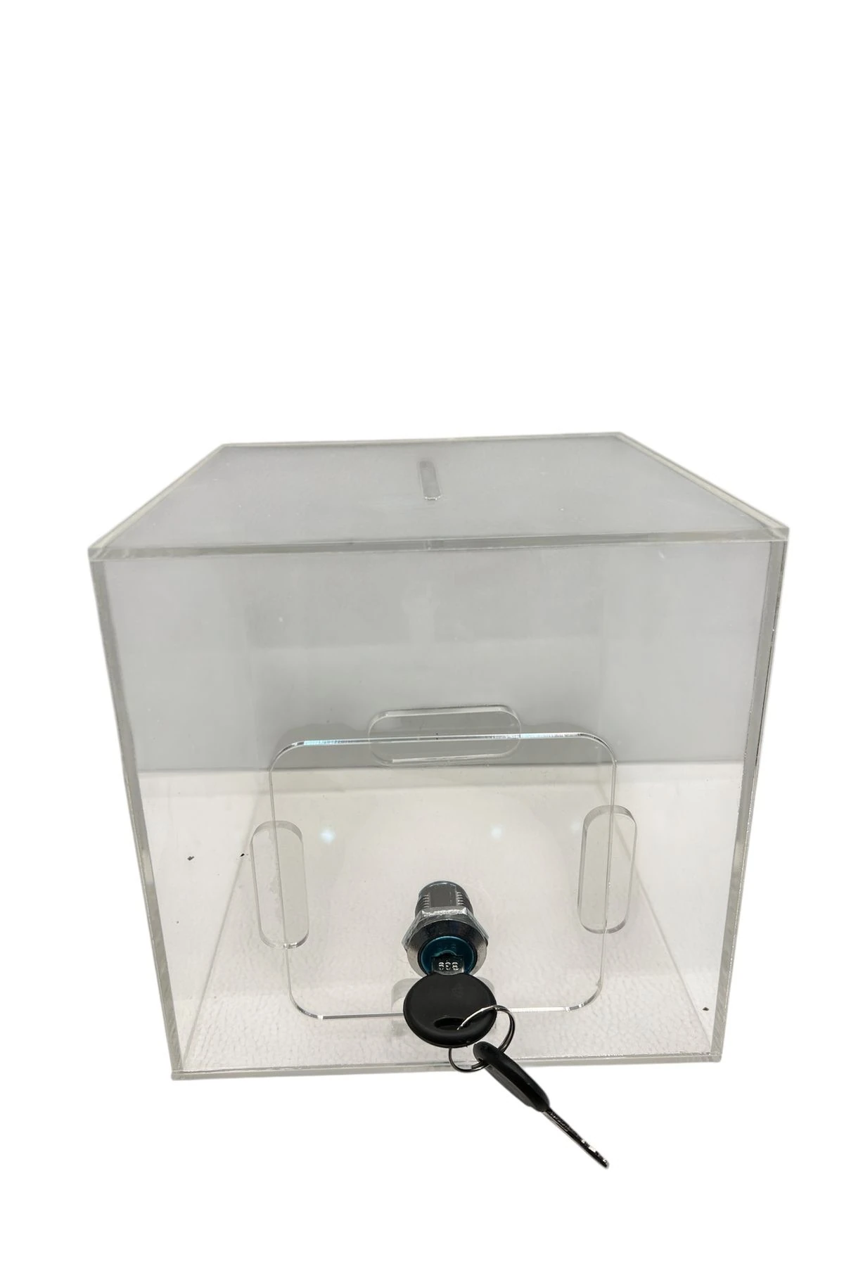 Pleksi Bağış Kutusu - Metal Kilitli Şeffaf Sadaka Kutusu | 16.5x16.5 cm Tip Box