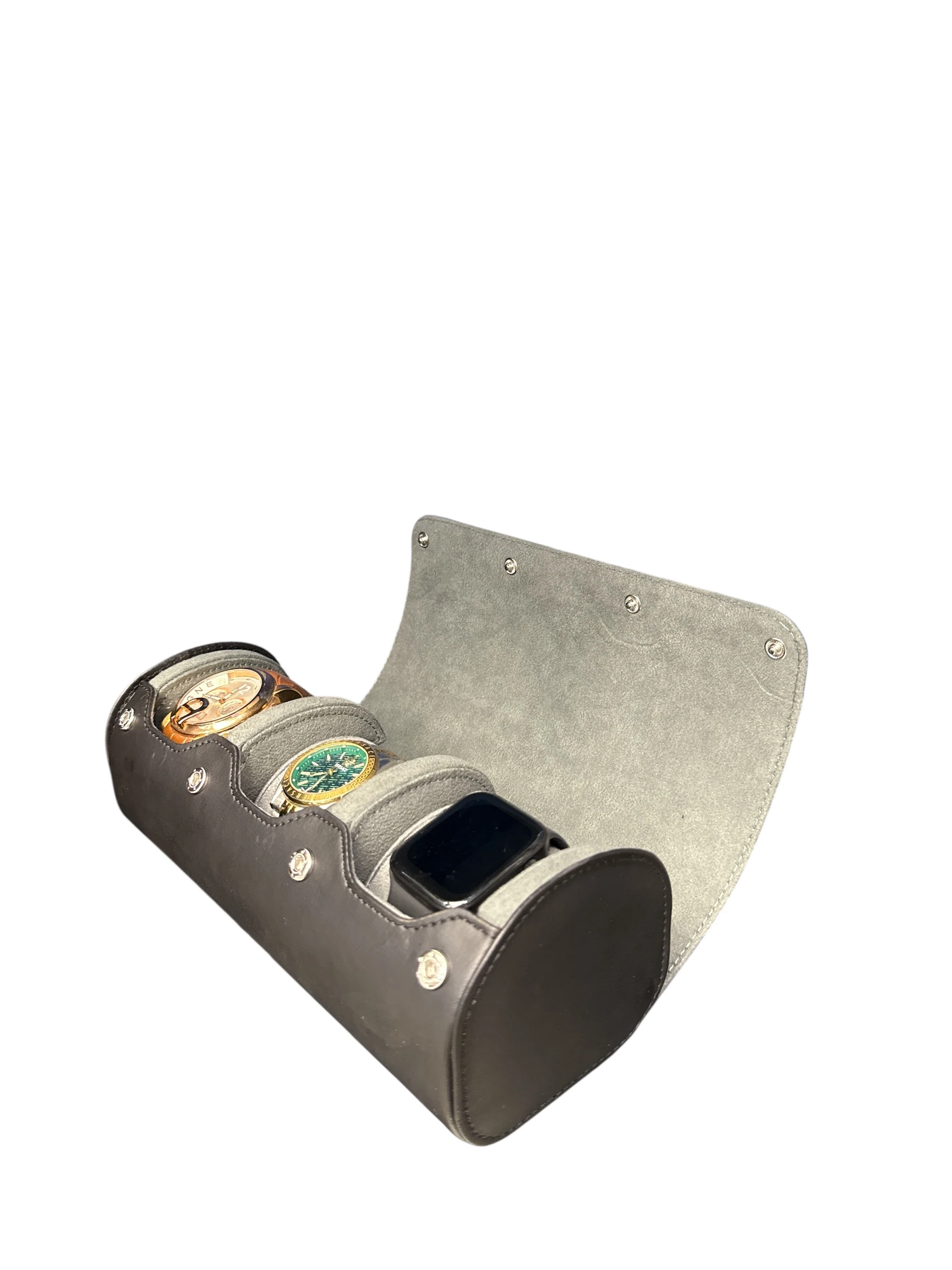 3’lü Çıtçıtlı Saat ve Takı Kutusu – Pull Up Suni Deri, El Yapımı Özel Yastıklı Tasarım Siyah