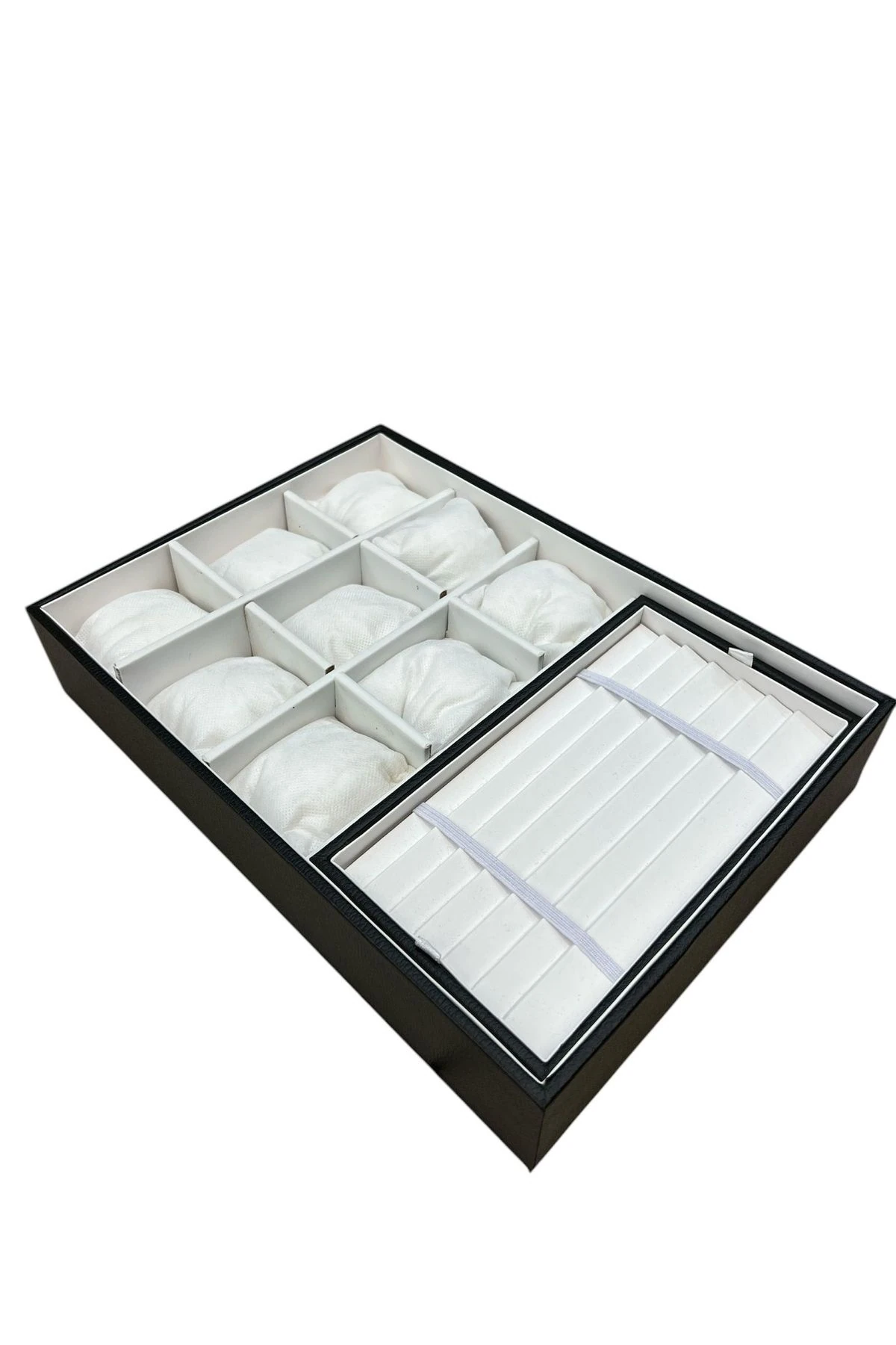 Saat Ve Tesbih Kutusu 9+ Tesbih Bölmeli Siyah Içi Beyaz Tabla