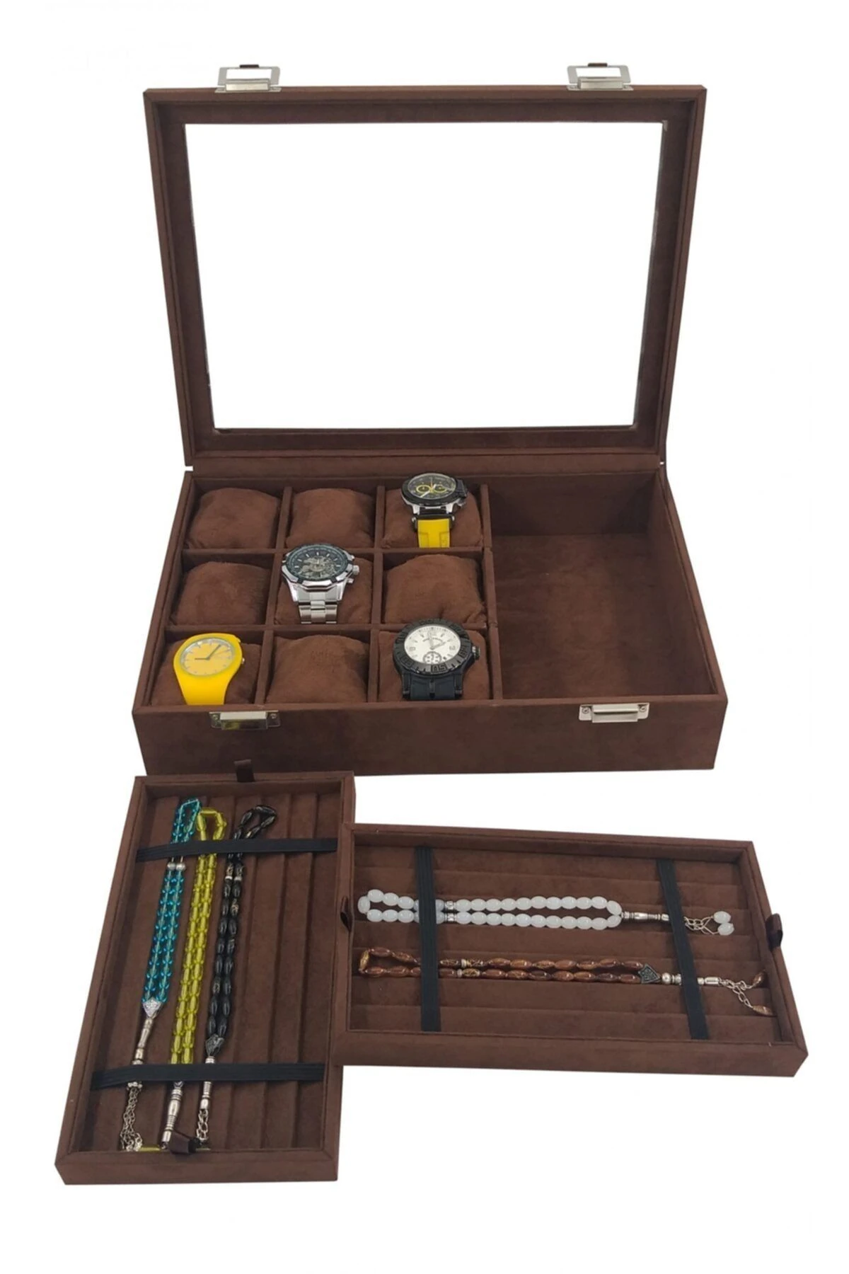 Saat Ve Tesbih Kutusu 9 Tesbih Bölmeli Alcantara Kahve