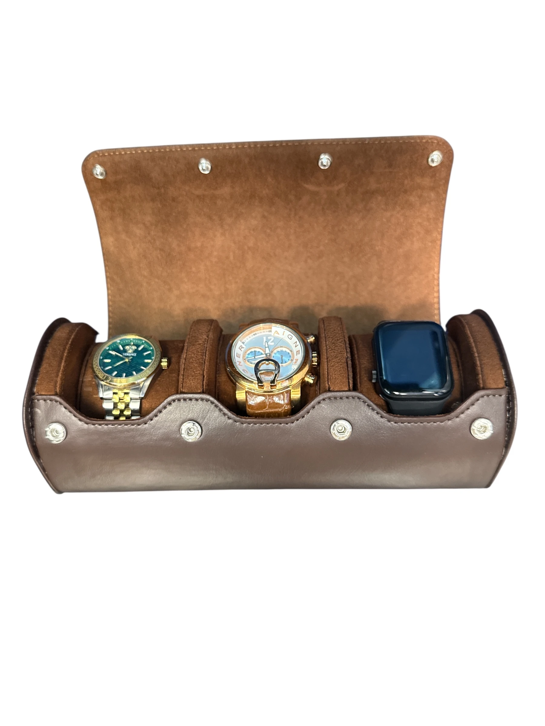 3’lü Çıtçıtlı Saat ve Takı Kutusu – Pull Up Suni Deri, El Yapımı Özel Yastıklı Tasarım Kahve Rengi