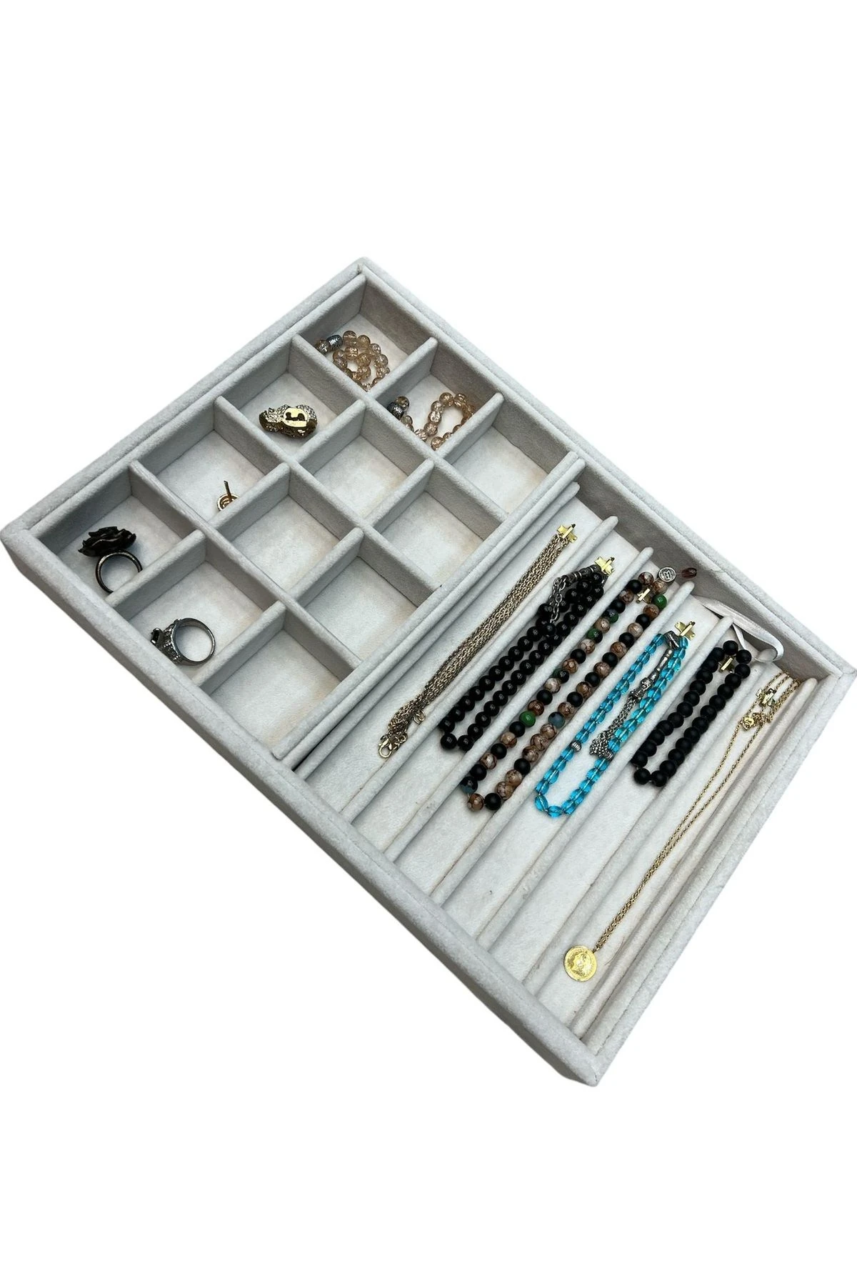 Takı Tablası Kombin Model, Çok amaçlı Takı Düzenleyici. Ahşap Üzeri Süet Kaplama Krem Rengi No:1