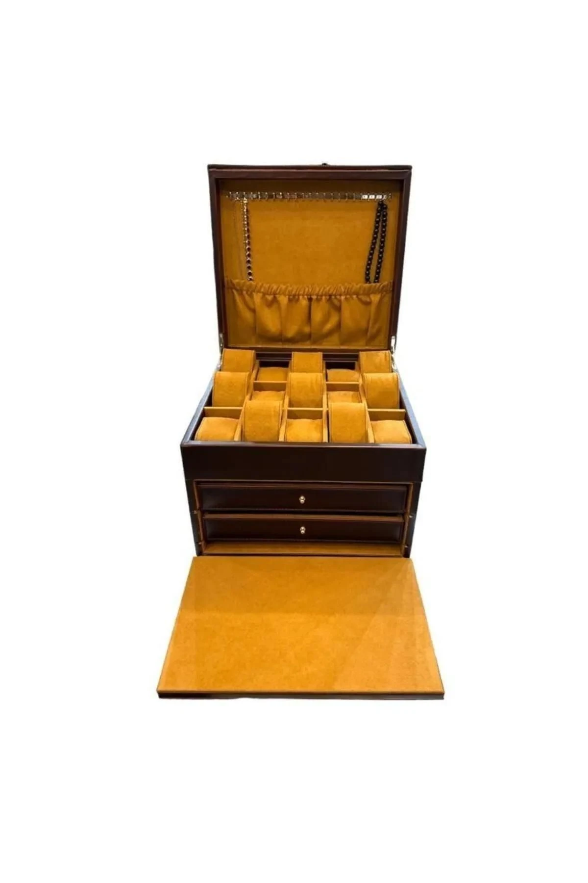 Diplomat Model Çekmeceli Camsız 15'li Saat Ve Yüzük Tesbih Kutusu Kahve