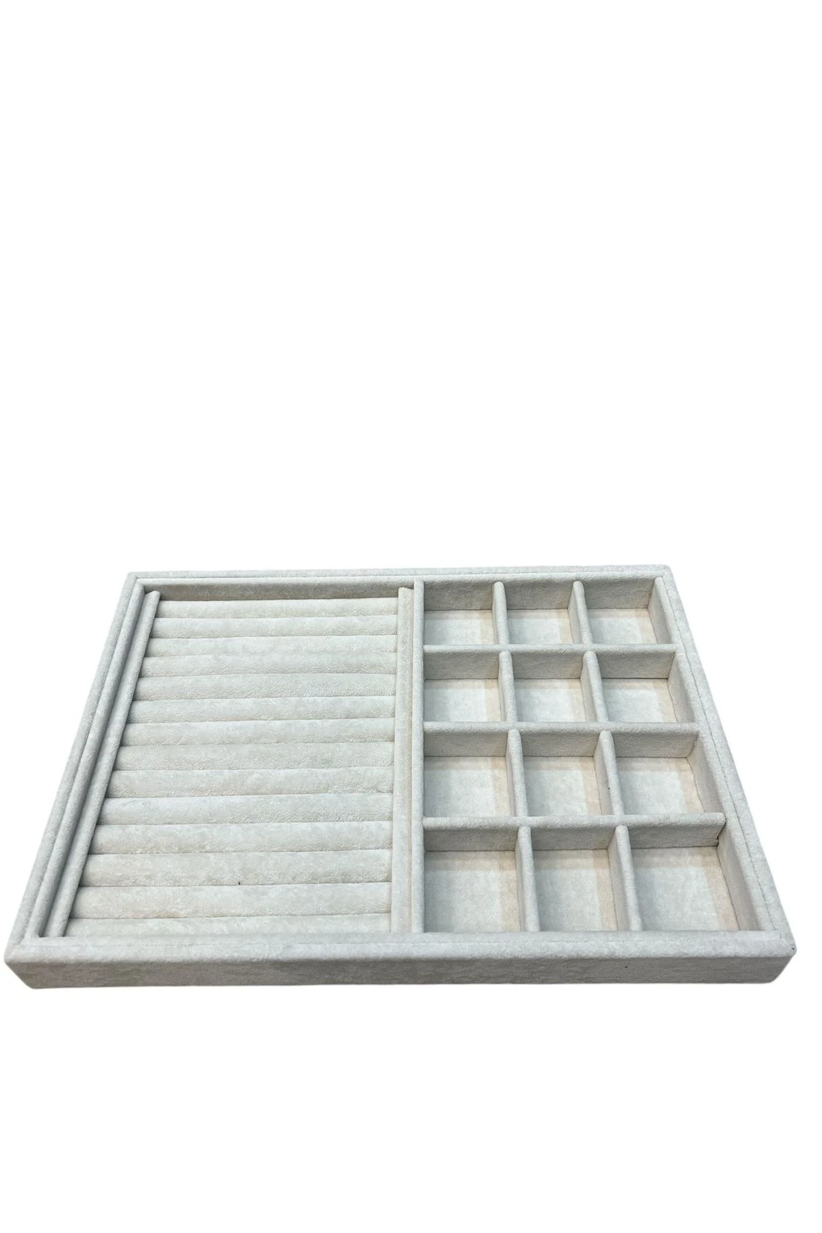 Takı Tablası Kombin Model, Çok amaçlı Takı Düzenleyici. Ahşap Üzeri Süet Kaplama Krem Rengi.