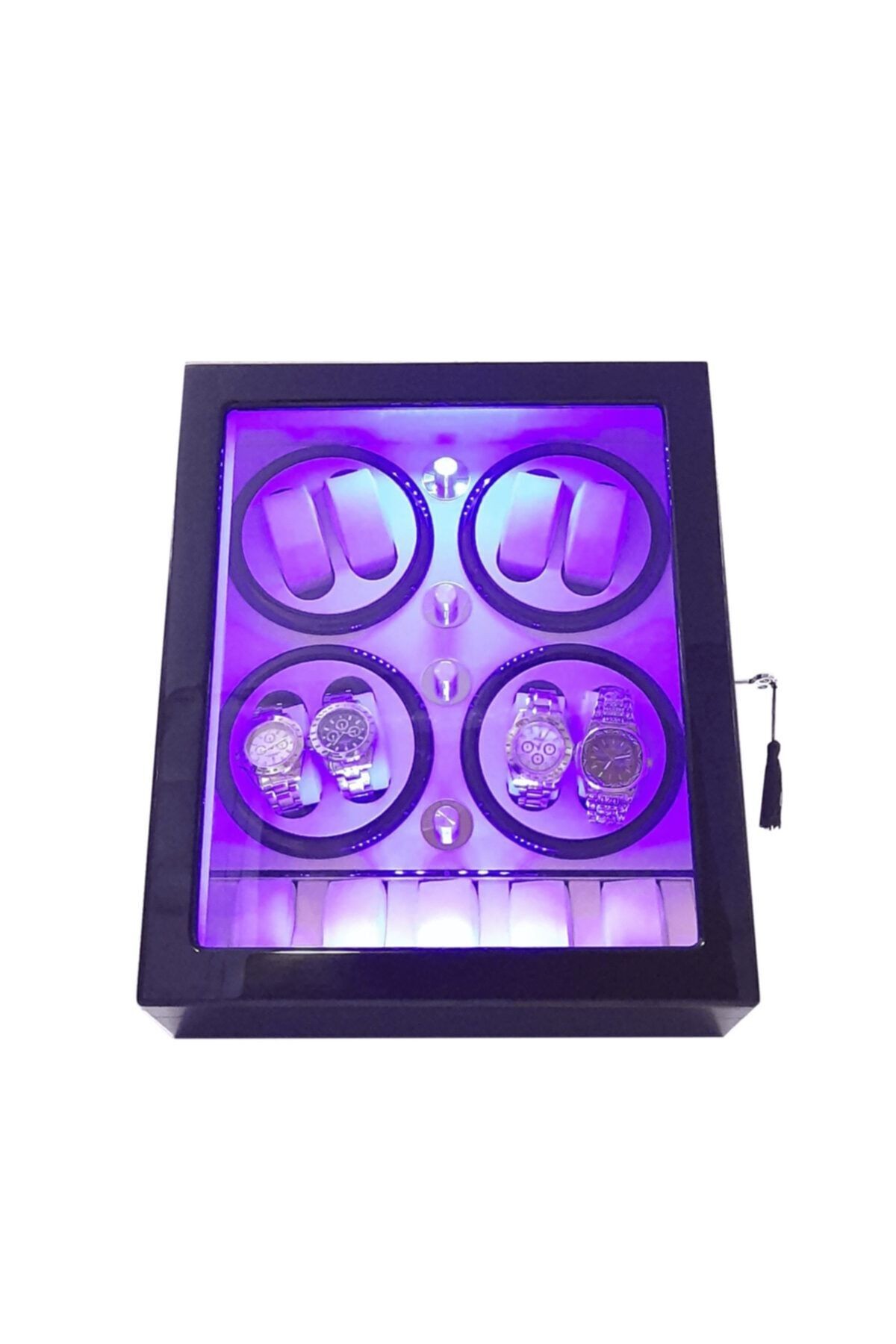 Otomatik Saat Kurma Kutusu Piano Black Led Işık Sistemli 8 5 Siyah Içi Krem