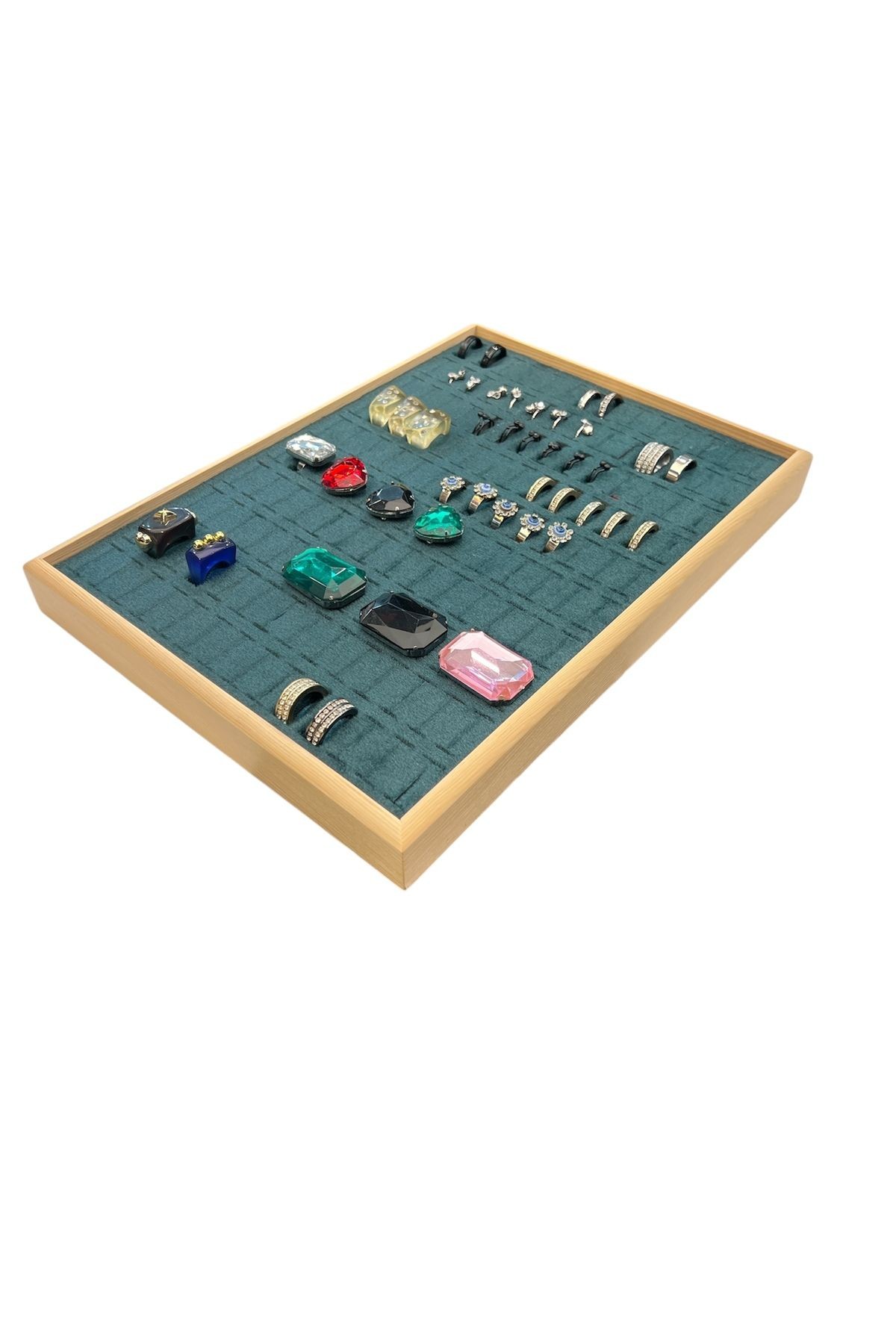 El Yapımı Ahşap Çerçeveli Alcantara Kaplama Yüzük Takı Teşhir Tablasi (34,5x24,5x3,5cm) Ahşap Yeşil