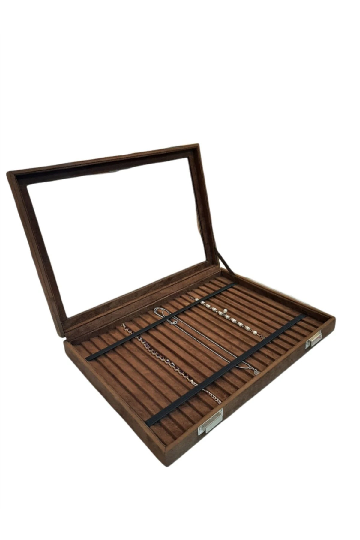 Tesbih Kutusu Lastikli Camlı Kahve Alcantara