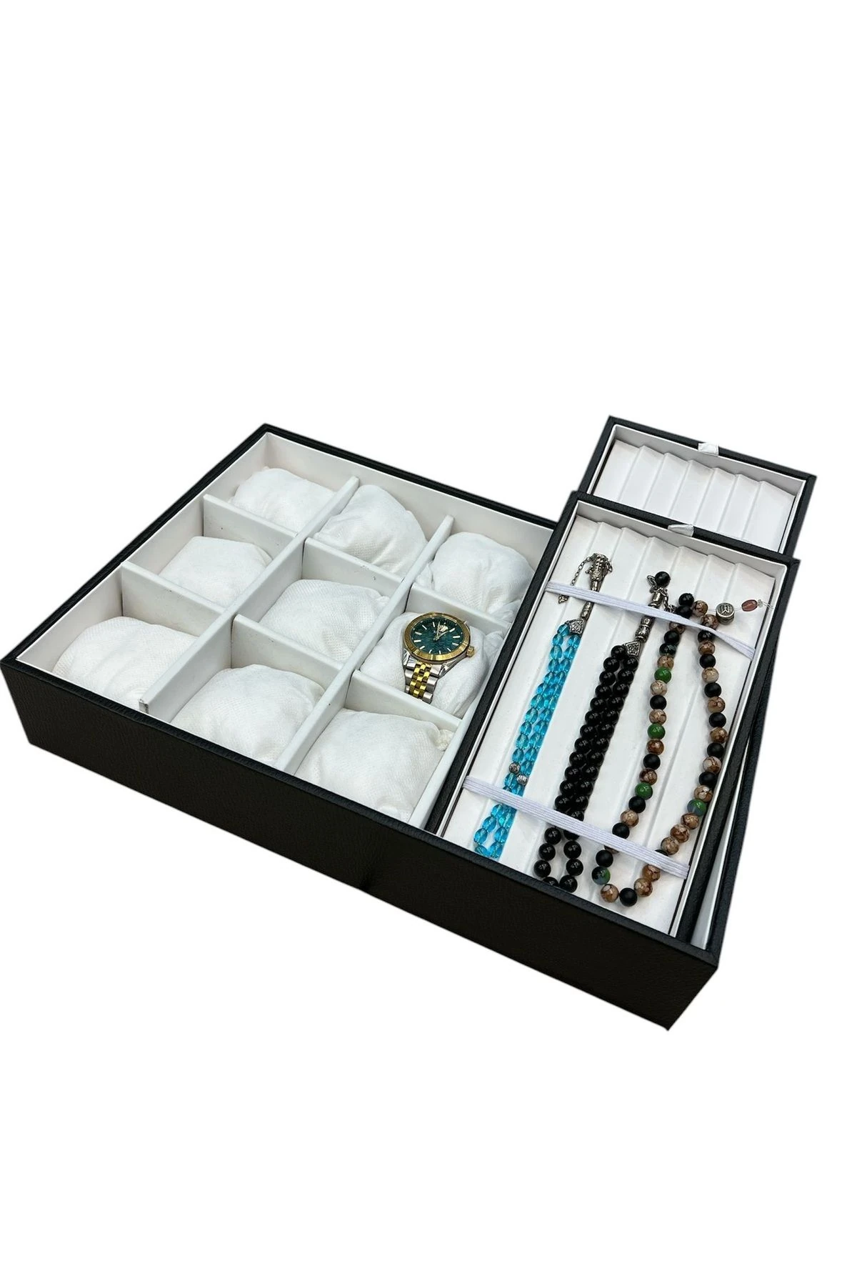 Saat Ve Tesbih Kutusu 9+ Tesbih Bölmeli Siyah Içi Beyaz Tabla