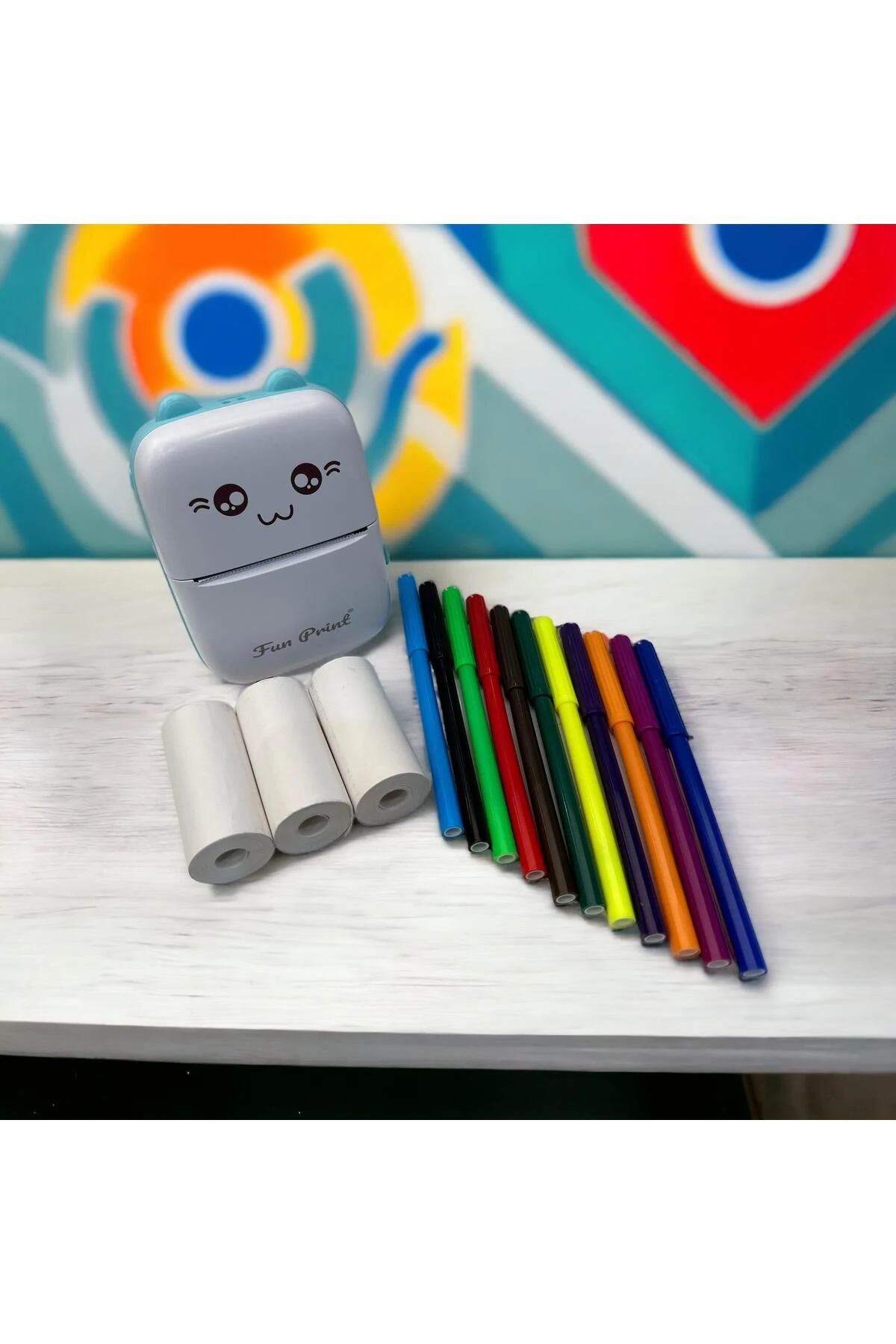 Taşınabilir Yazıcı Mini Mavi, Yedek 3 Adet Beyaz Yapışkanlı Rulo Etiket Ve 6 Lı Renkli Kalem Seti