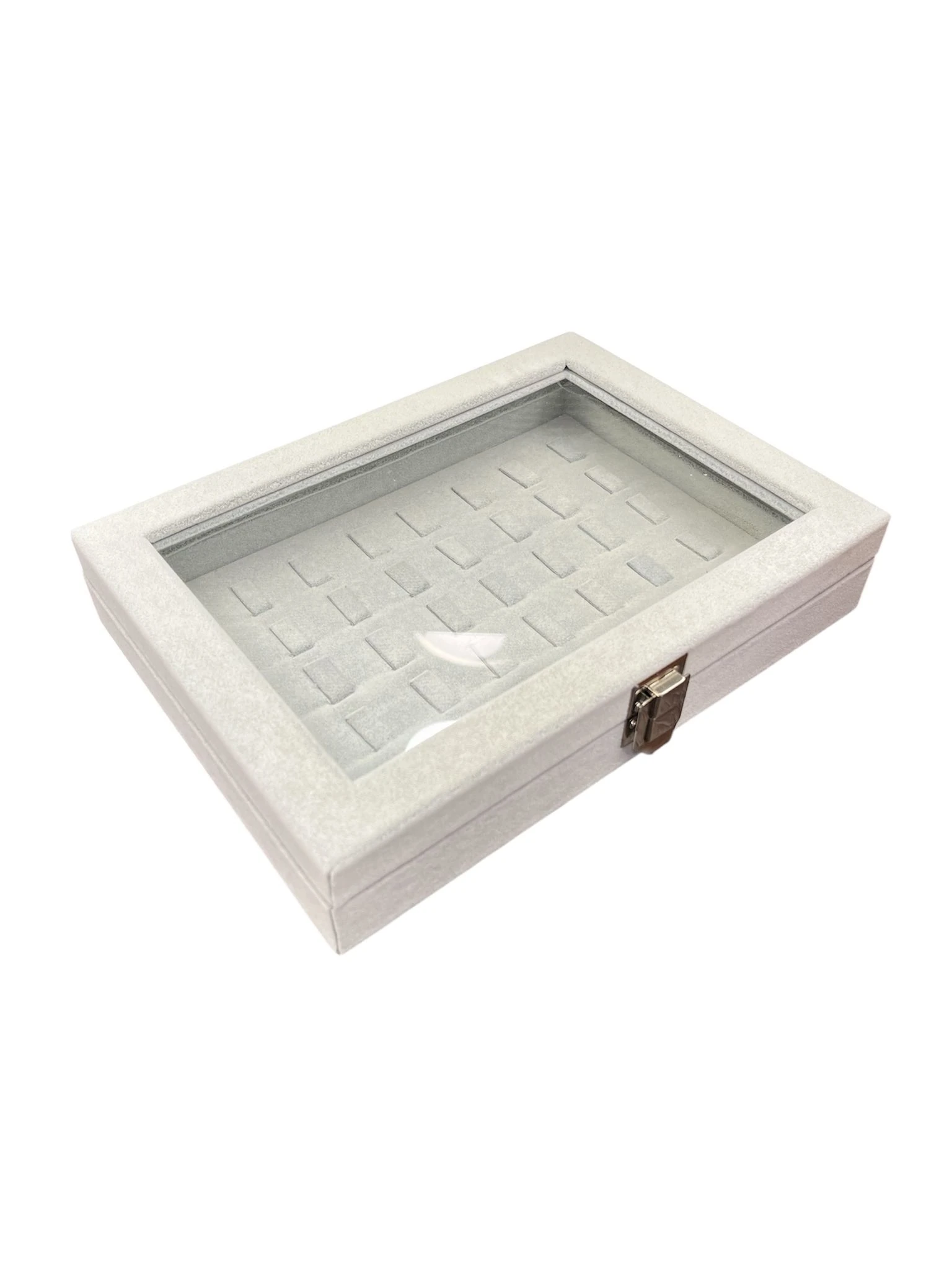 Cam Kapaklı Çok Bölmeli Sosis Model Yüzük Kutusu- Alcantara Gri