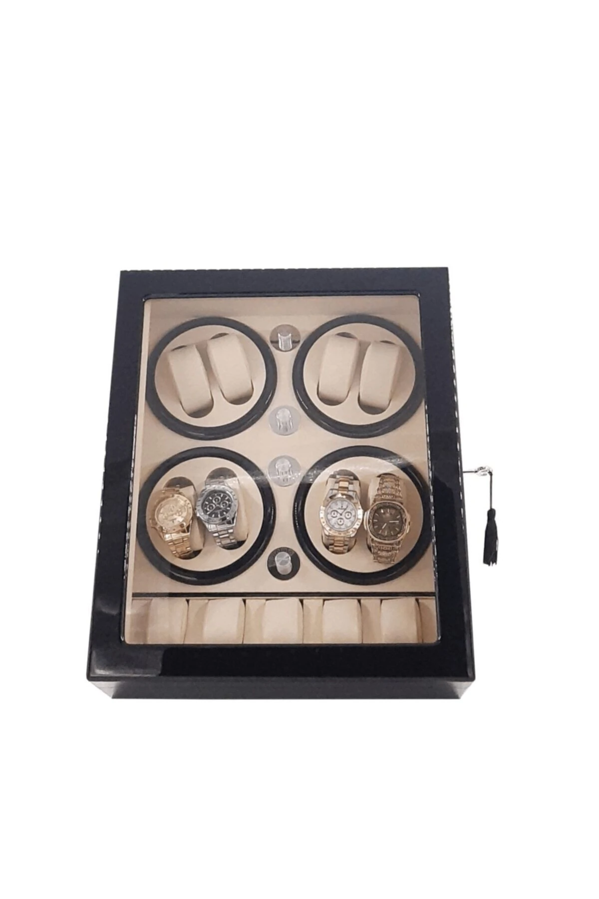 Otomatik Saat Kurma Kutusu, piano black, siyah, krem, LED Aydınlatmalı