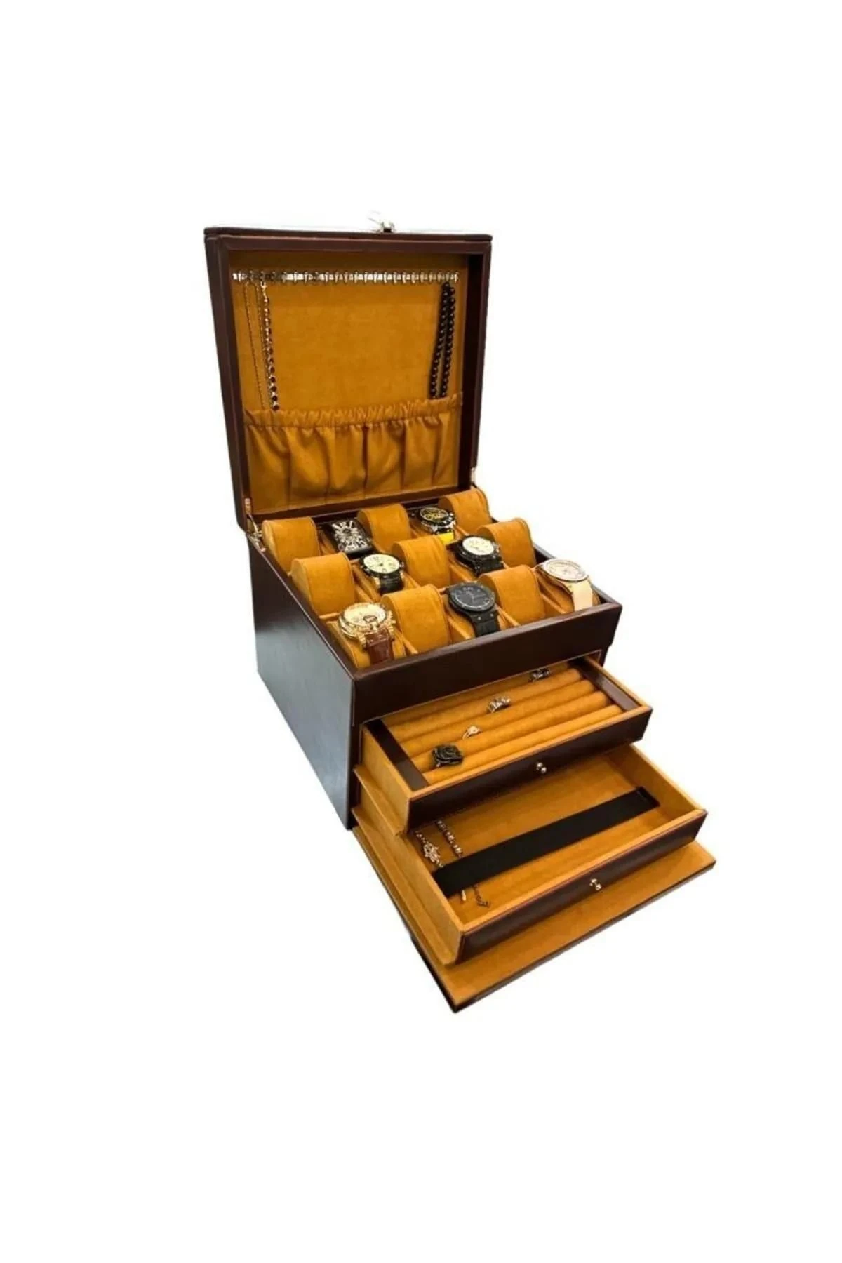 Diplomat Model Çekmeceli Camsız 15'li Saat Ve Yüzük Tesbih Kutusu Kahve
