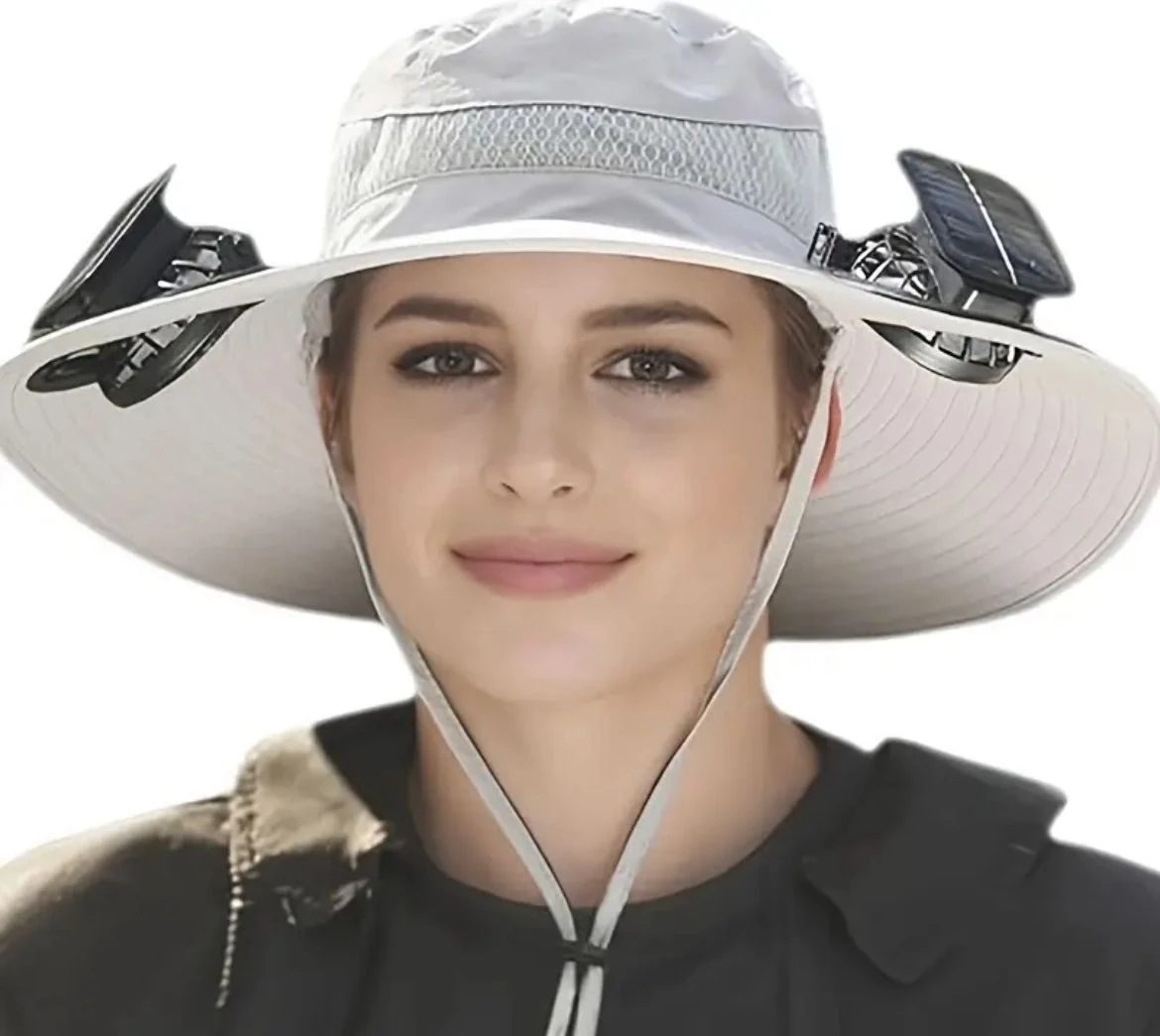 Fanlı Çift vantilatörlü Şapka, Güneş Enerjili Safari Şapka Çift Pervaneli Plaj Şapkası