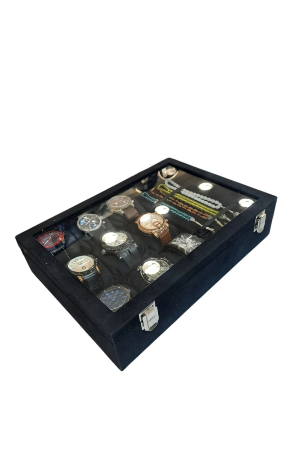 Saat Ve Tesbih Kutusu 9+ Tesbih Bölmeli Alcantara Siyah