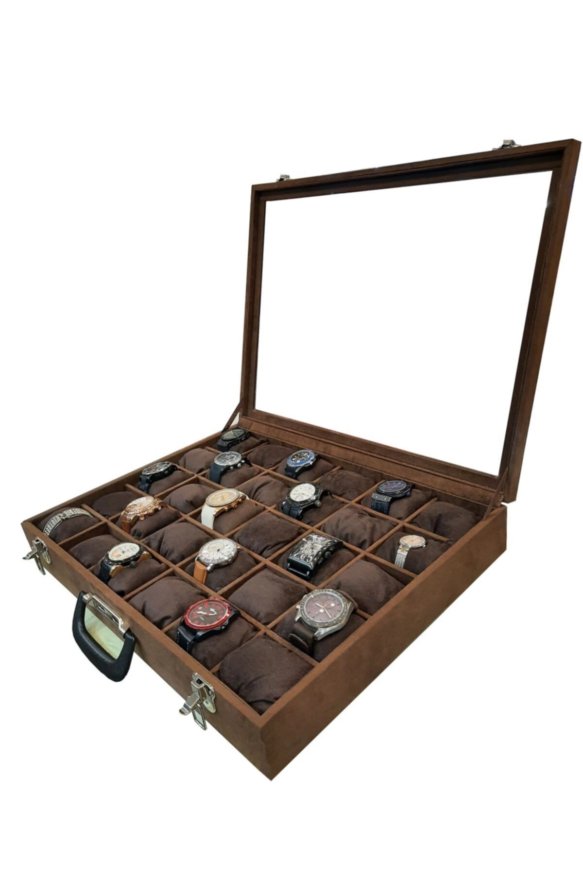 Saat Çantası 30'lu Camlı Kahve Alcantara