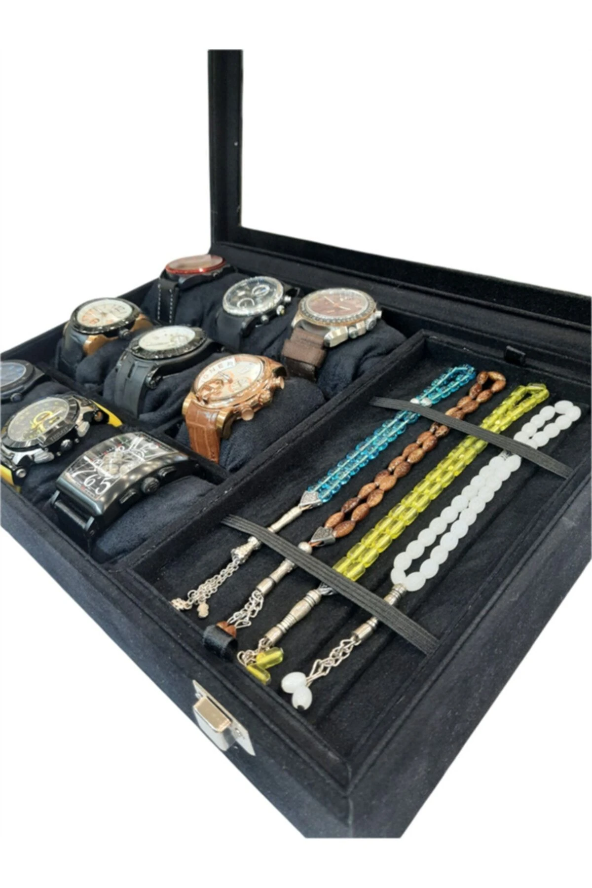 Saat Ve Tesbih Kutusu 9+ Tesbih Bölmeli Alcantara Siyah