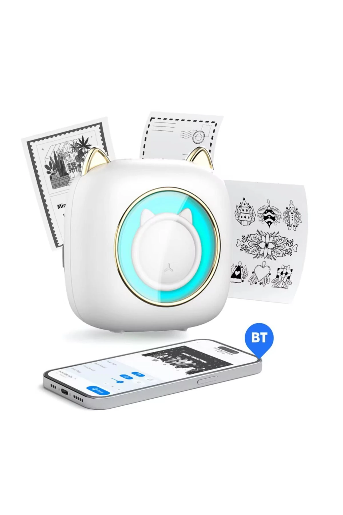 Mini Taşınabilir Bluetooth Yazıcı, Spesiyal Gold Model, Yedek 1 Beyaz Rulo Kağıt Hediye.