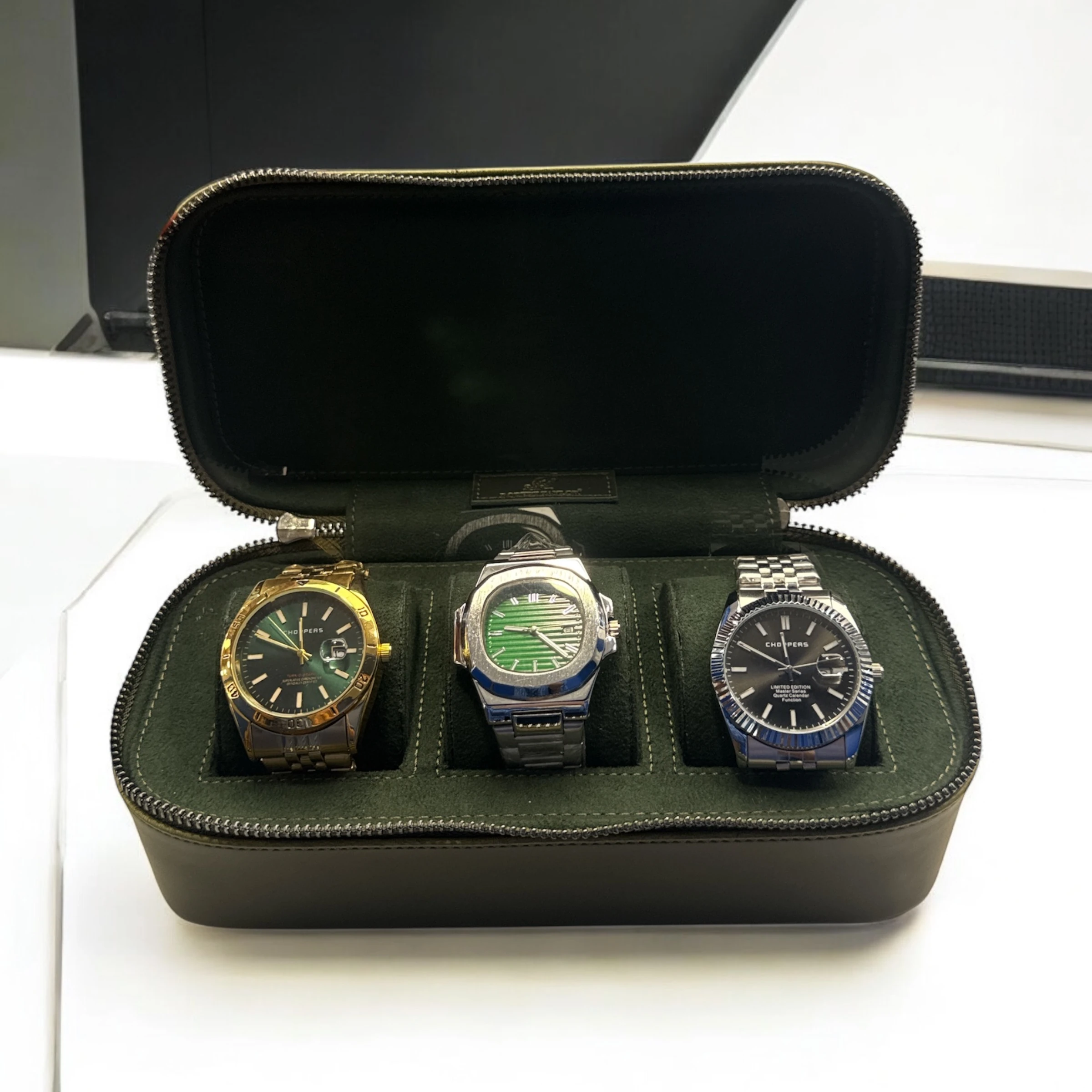 Saat Çantası 3’lü Fermuarlı Saat ve Takı Kutusu – Pull Up Suni Deri, Metal Fermuarlı, El Yapımı Seyahat Kutusu