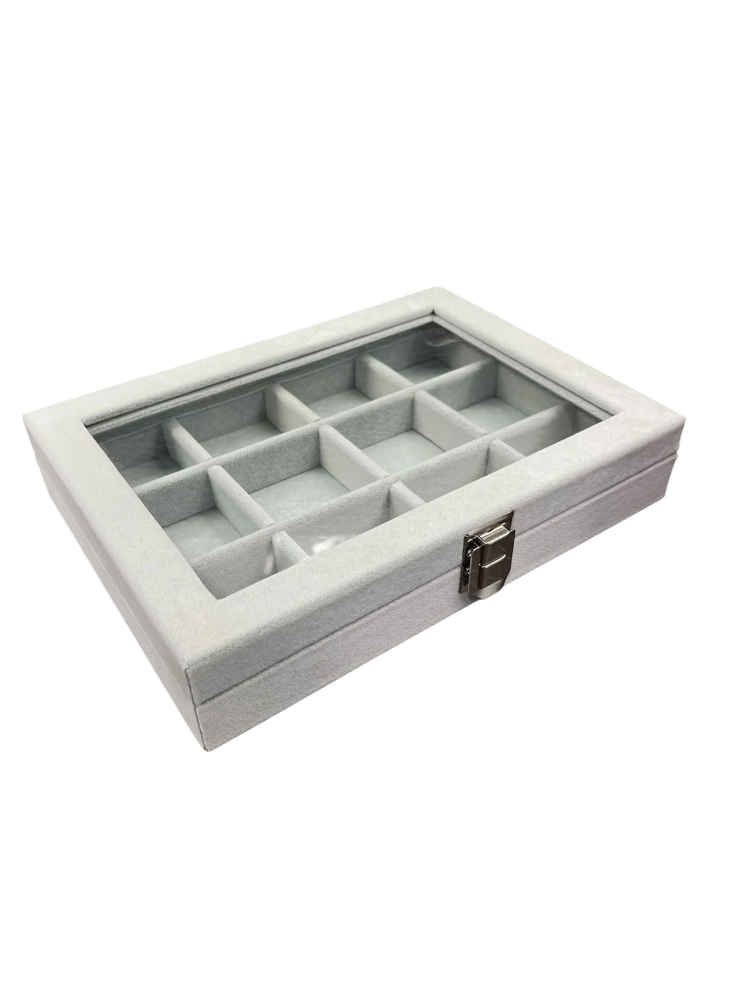 Cam Kapaklı Çok Bölmeli Takı Organizer Kutusu- Alcantara Gri