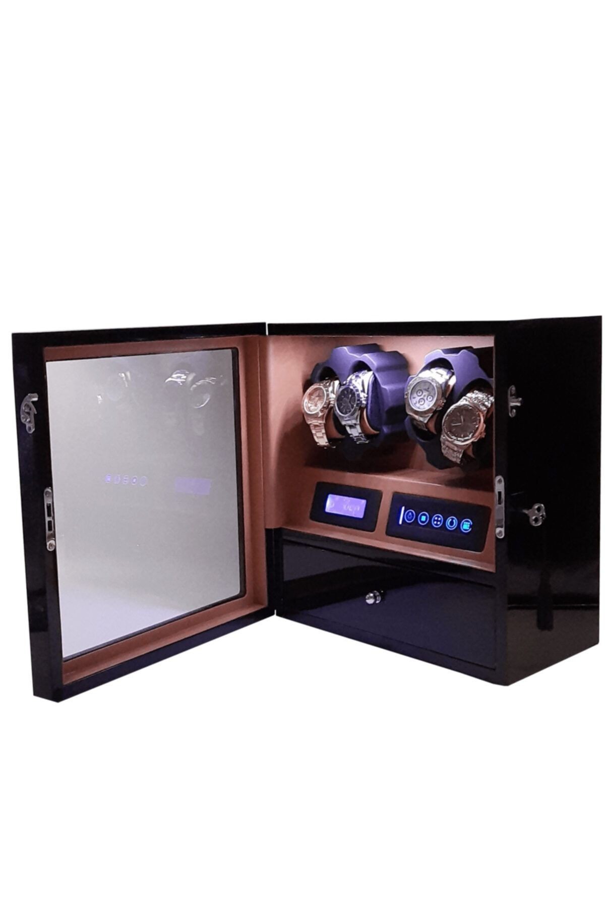 Otomatik Saat Kurma Kutusu 4 5 Siyah Içi Taba Dijital Ekranlı Ve Led Işık Sistemli, Watch Winder