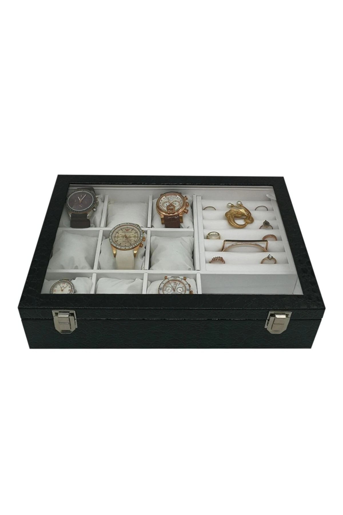 Saat Ve Yüzük Kutusu 9+takı Siyah Rugan Içi Beyaz